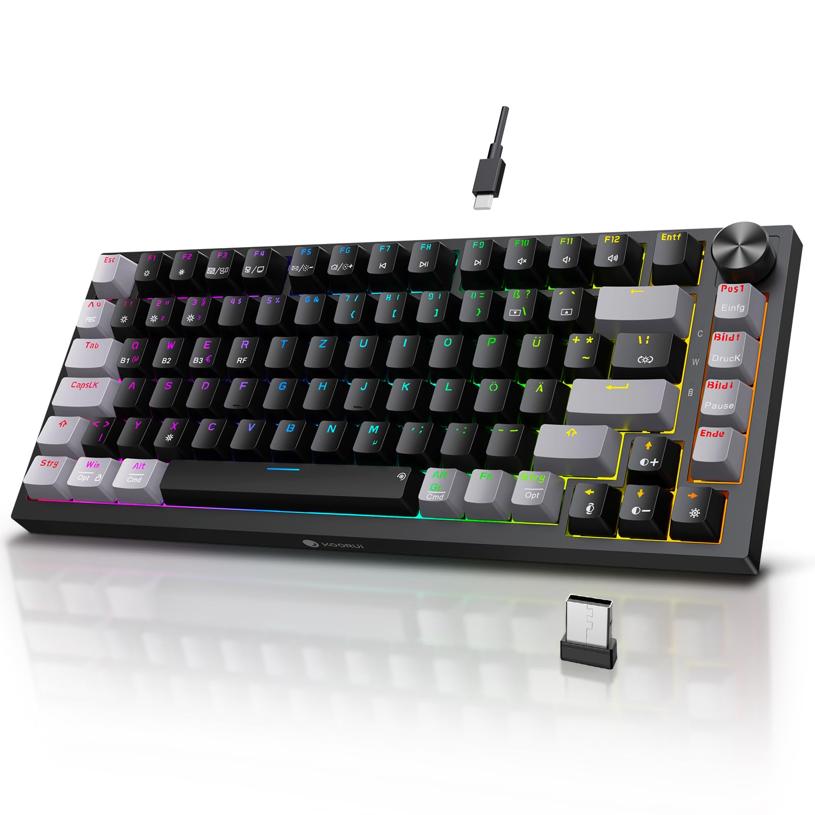 KOORUI Mechanical Keyboard, Gaming Keyboard Wireless/Wired/Bluetooth 26 RGB Rechargeable 4000mAh Battery 82 Keys German Layout QWERTZ for Windows MacOS Linux Red Switch 82 Tasten-Kabelgebunden/Bluetooth/2.4Ghz Red switch