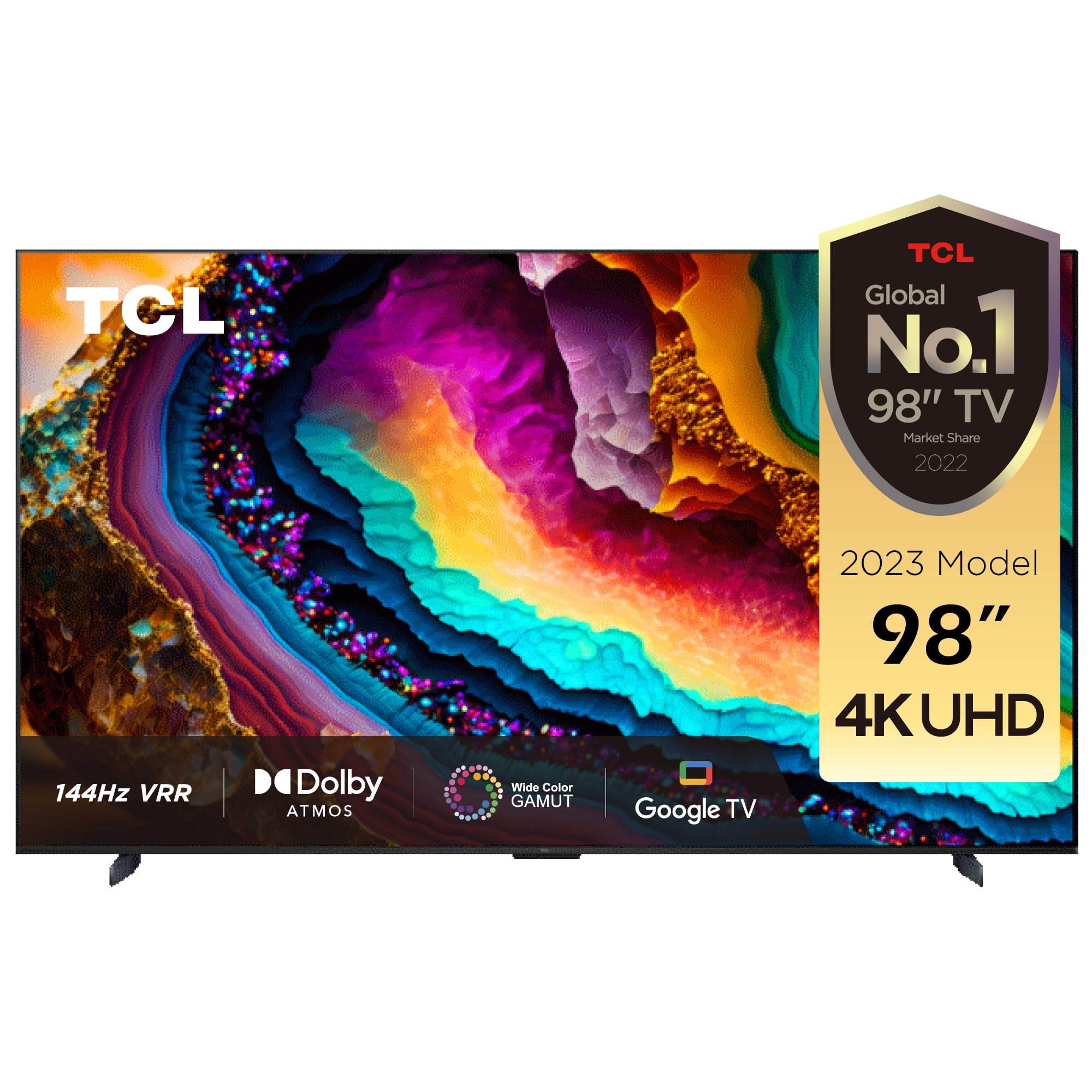 تلویزیون هوشمند TCL 98 اینچ 4K LED HDR 10+ UHD با Dolby Vision IQ، MEMC 120Hz، 144Hz VRR، HDMI 2.1 - Game Master 2.0، Android TV با Dolby Vision IQ-Atmos، مدل 98P745 (مدل 2023) سری 4K UHD P7، 98 اینچ است.