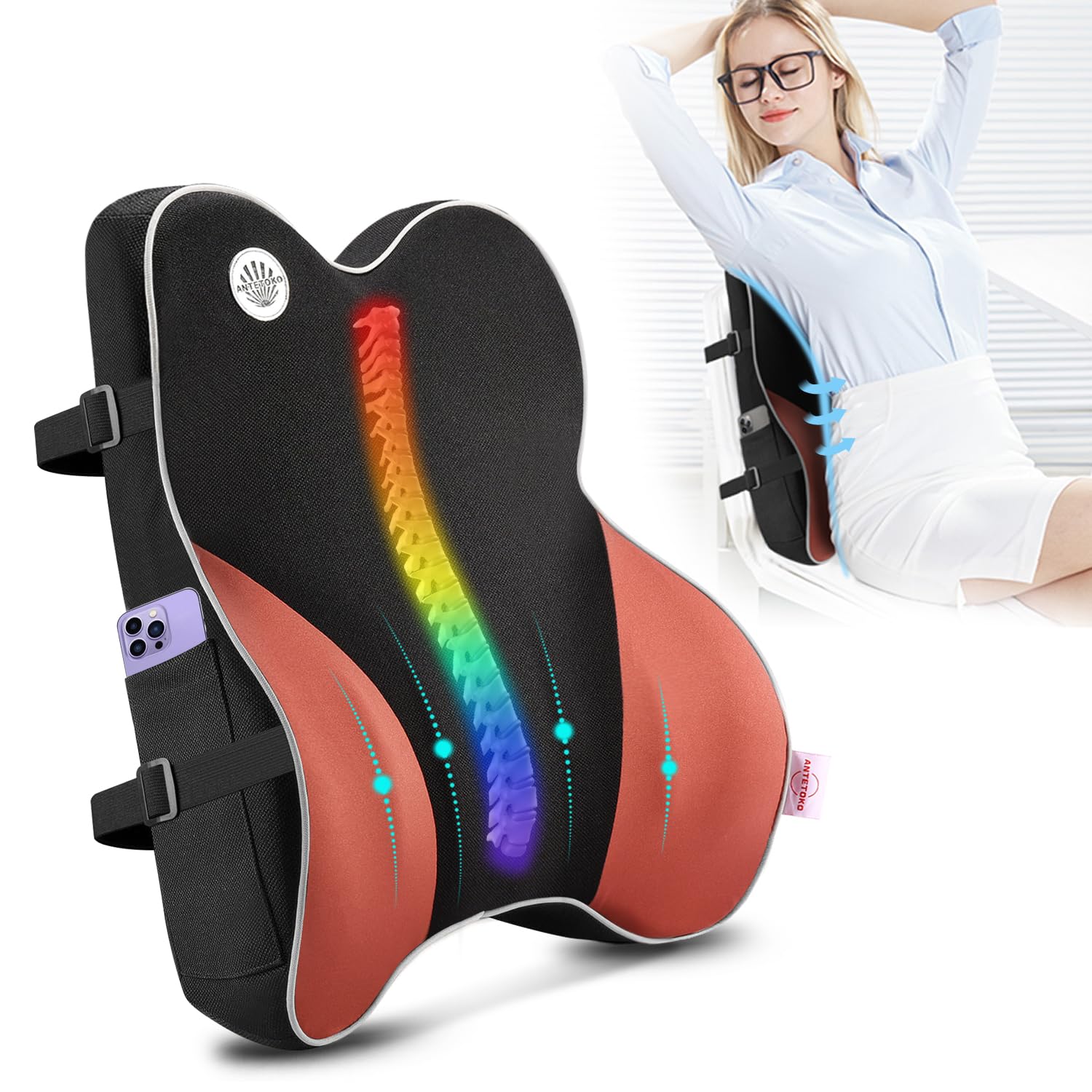 پتی کمری حمایتی برای صندلی اداری، حمایت فوم حافظه از پشت صندلی، صندلی اتومبیل، صندلی کامپیوتر، نیشده اسکوتٹ، با کاور توری تنفس‌پذیر، طراحی ارگونومیک برای افزایش تسکین درد کمر و بهبود قامت (مشکی)گوشه‌ای۰۰۰۷