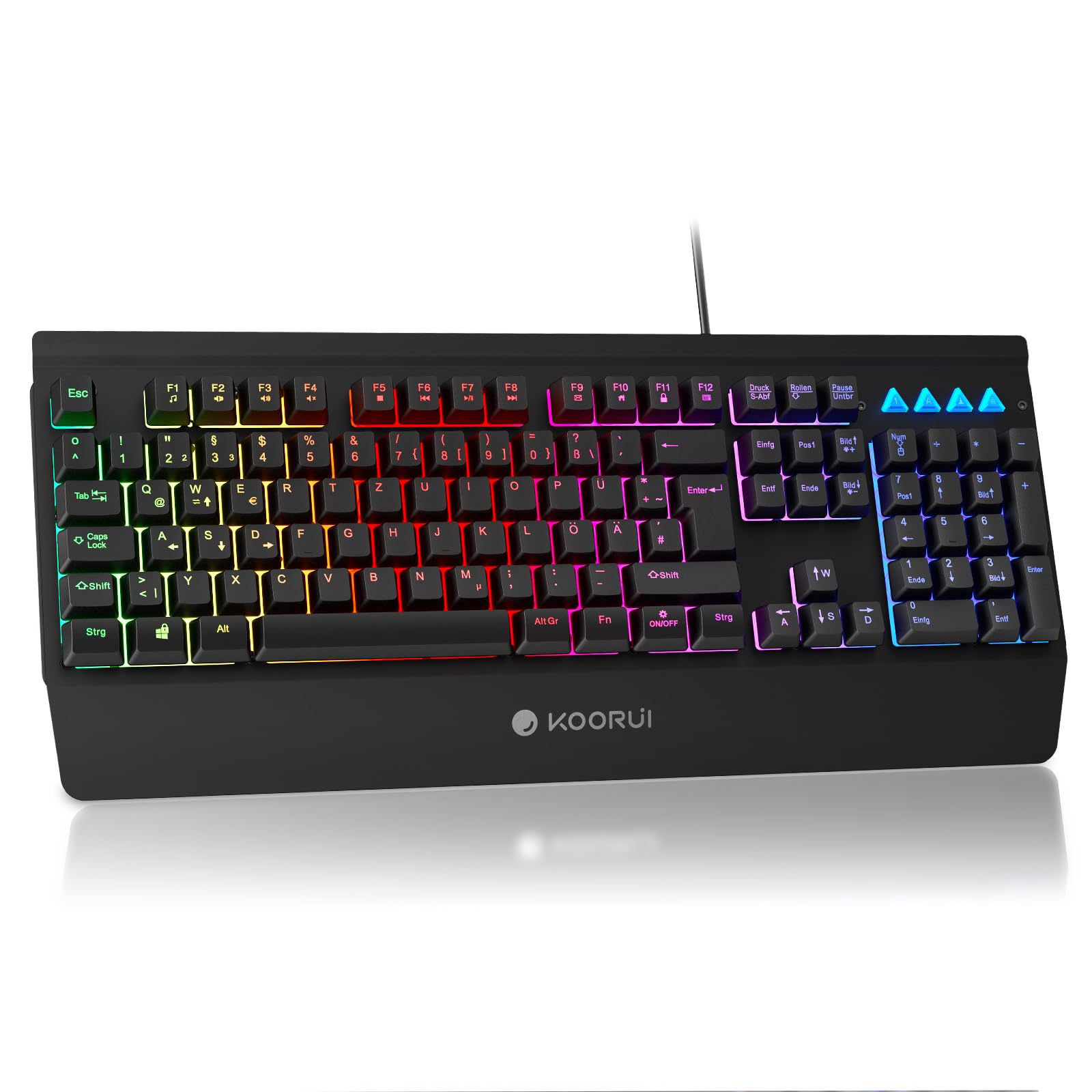 KOORUI Gaming Keyboard, German QWERTZ Layout with Wrist Rest, Ghosting Protection, Keyboards, USB Cable, 12 Multi Media Keys for Windows MacOS Linux, Black