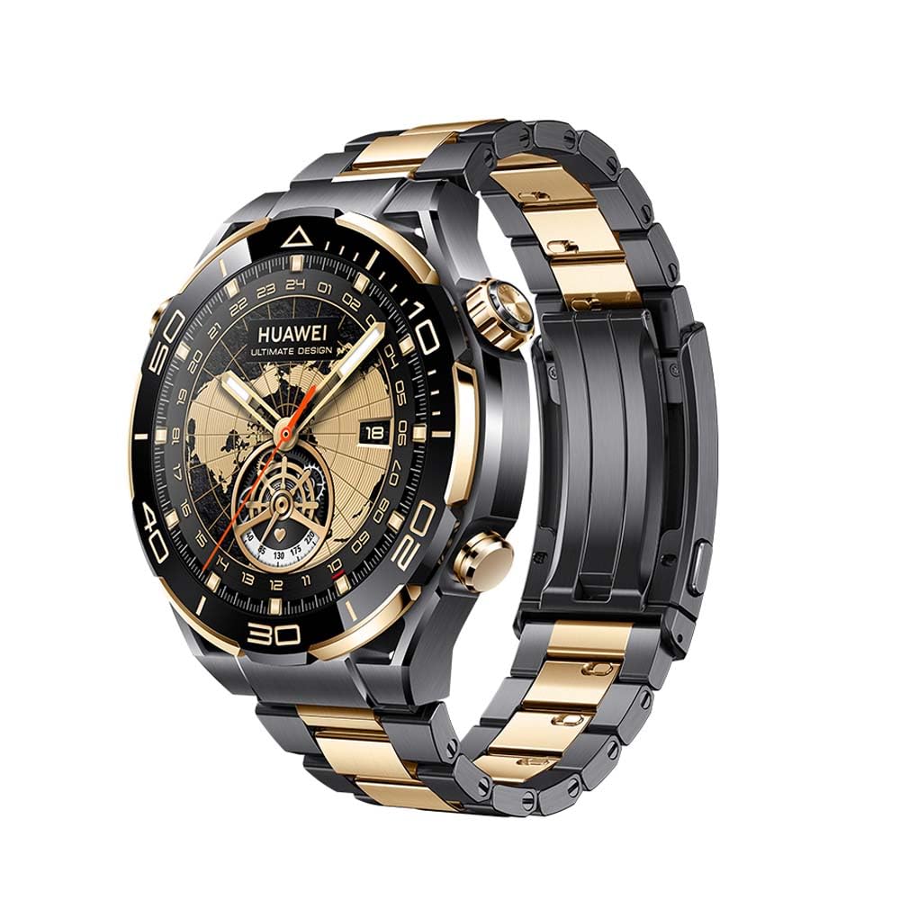 هواوی Watch Ultimate Design 46 میلی‌متر، ساعت هوشمند لوکس 1.5 اینچی - دارای گلدان 18K - بدنه‌ای از جنس آلیاژ زیرکون محیطی سیاه با بند تیتانیوم طلایی - تماس بلوتوثی - HarmonyOS