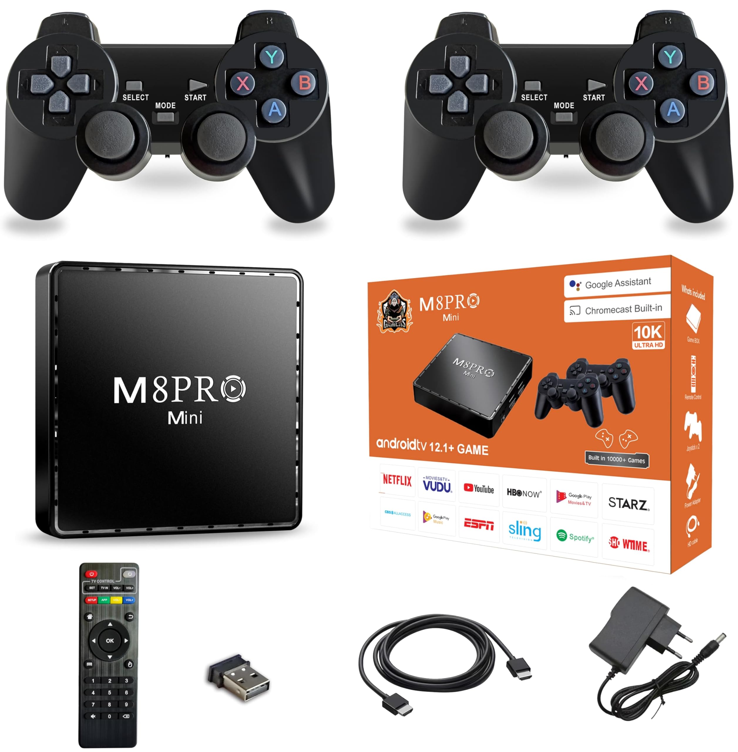 جعبه تلویزیونی دوگانه Houmt M8 Pro Mini Android Game با سیستم عامل Android 12، 14 شبیه‌ساز، 64 گیگابایت، HDMI 4K، بازی‌های کلاسیک رترو، کنسول گیم رترو بی‌سیم 2.4 گیگاهرتز و جعبه تلویزیونی - دارای 10,000+ بازی، 2 دسته‌بازی
