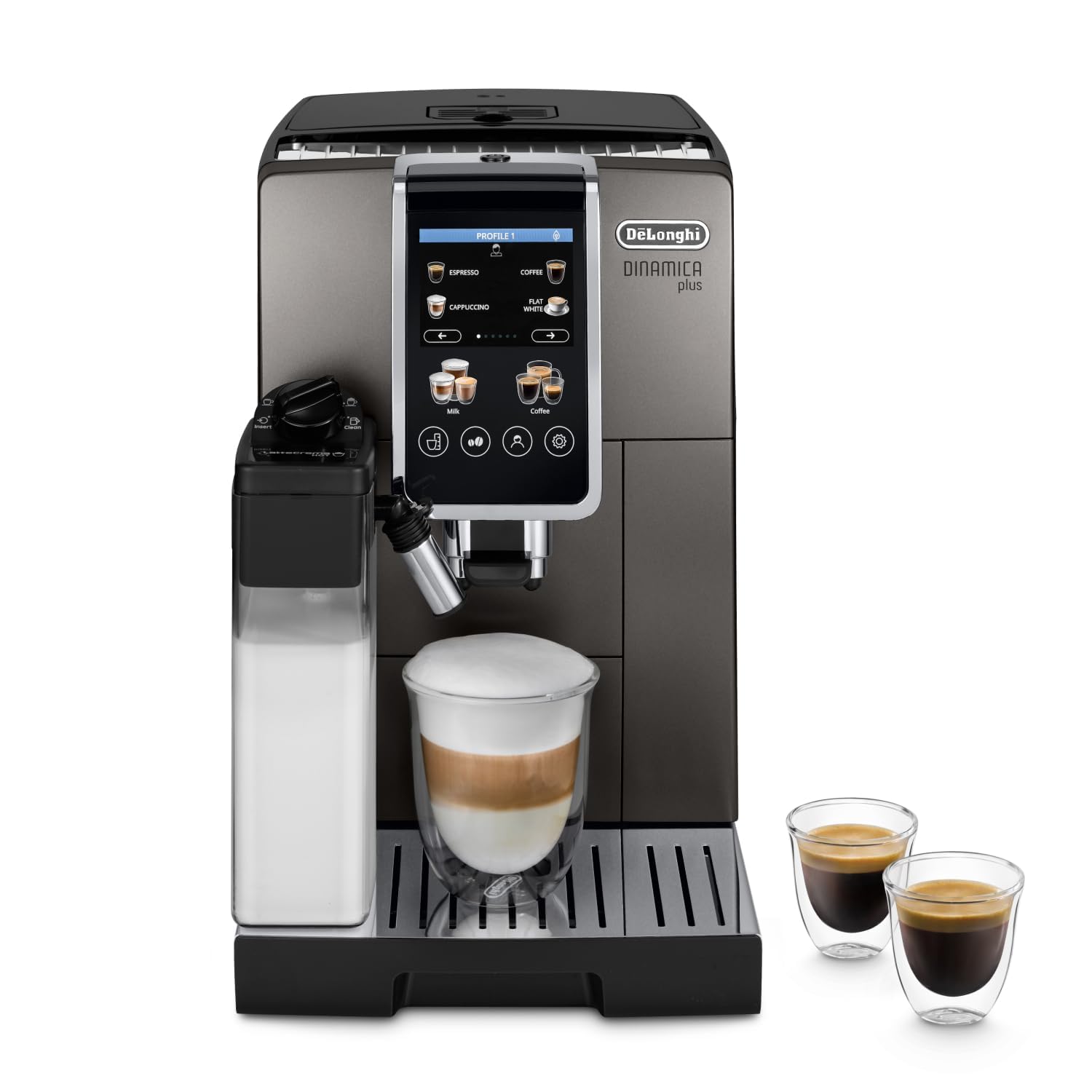 ماشین قهوه DE'LONGHI مدل DINAMICA PLUS - کاملاً اتوماتیک، مناسب برای قهوه اسپرسو، آمریکانو، کاپوچینو، لاته، ماکیاتو و بسیاری از دستورالعمل‌های دیگر قهوه با بیش از ۲۴ عملکرد مختلف. رنگ تیتانیوم/مشکی کلاسیک ECAM380.95.TB