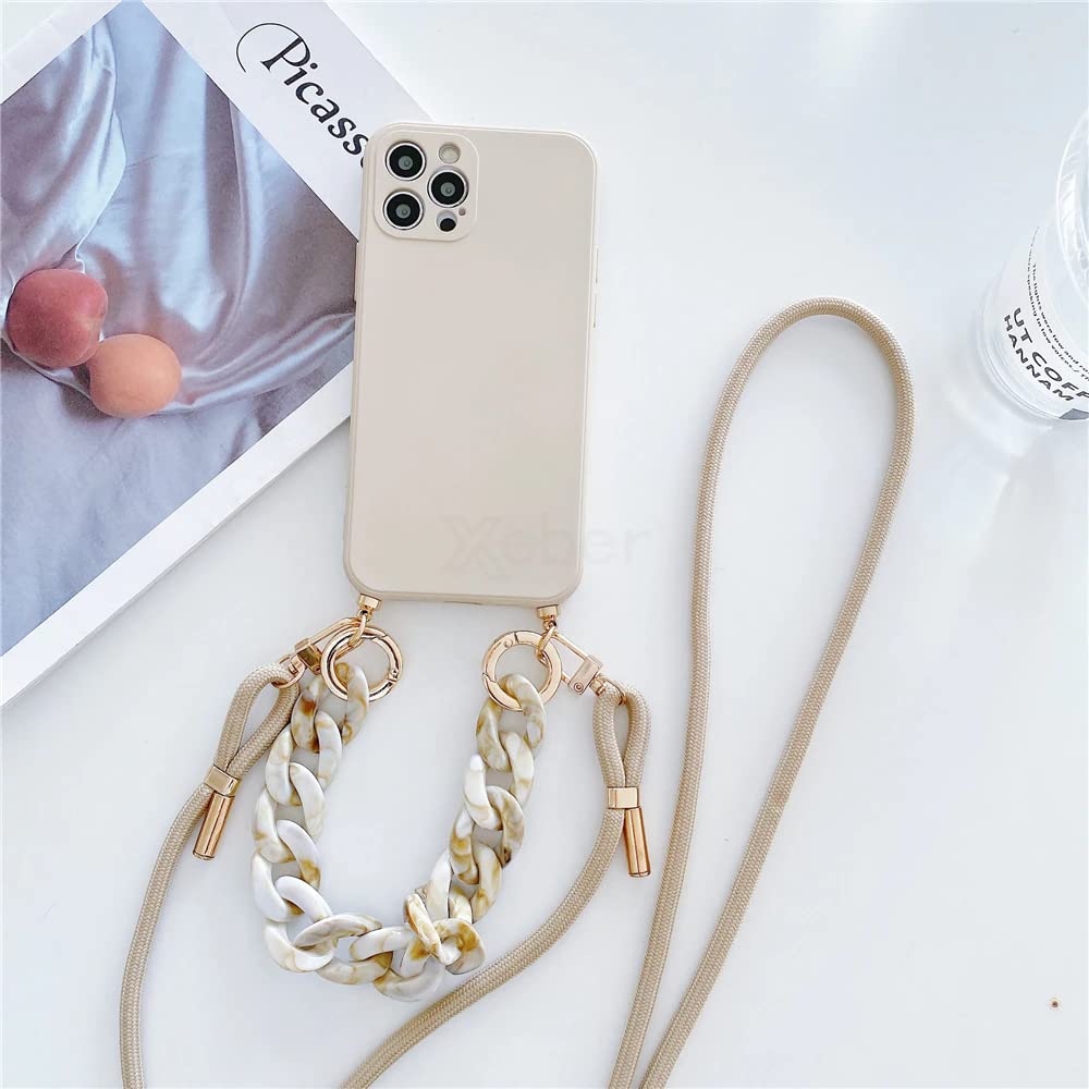 برای گوشی iPhone 15 Pro: کاور لگن کلاسیک متحرک تن با طرح مرمر و عنبر، دستبند، گردنبند، شال دستی قابل تنظیم، لنیارد با زنجیر، محافظ موبایل پرل تلفن همراه (رنگ تن)