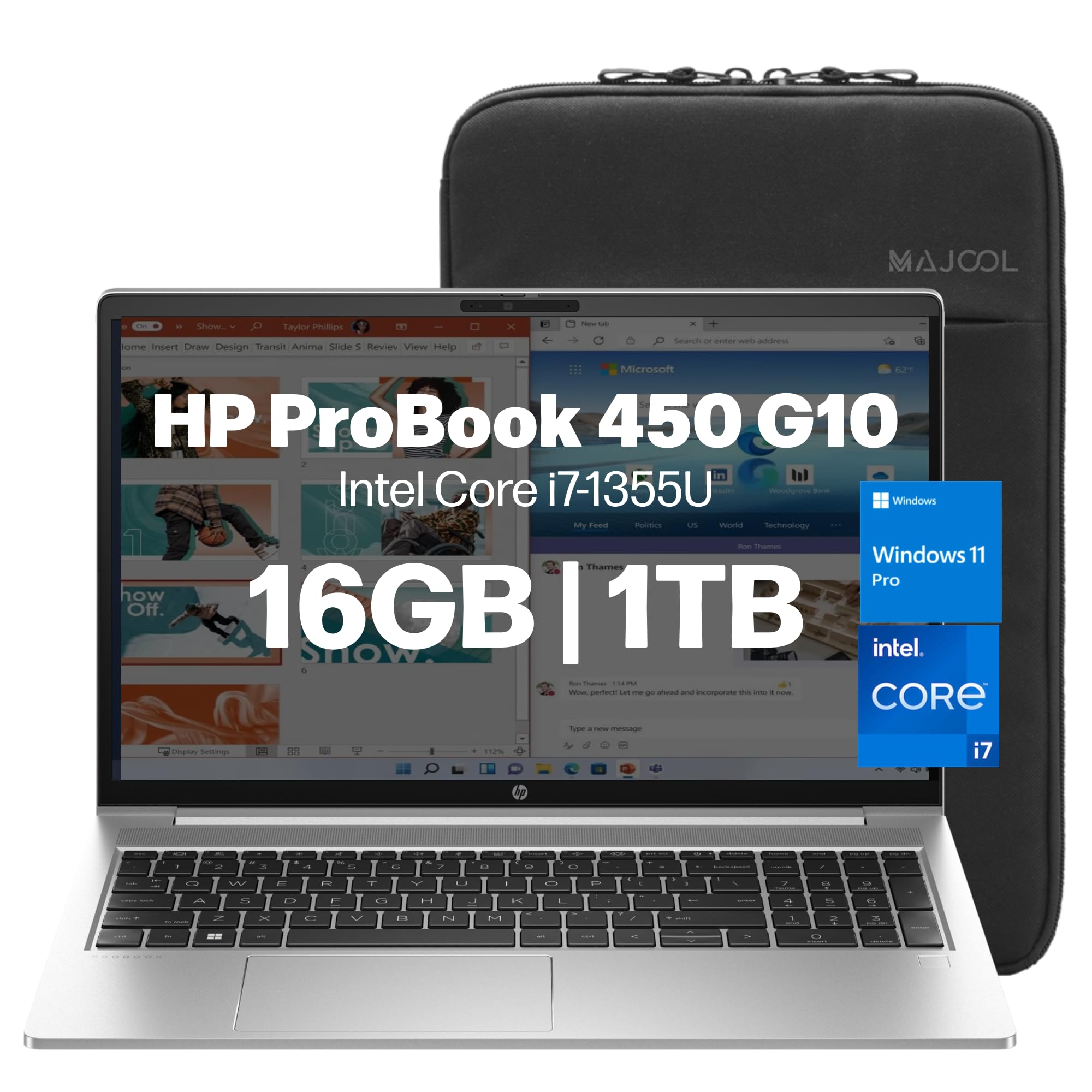 لپ تاپ تجاری HP ProBook 450 G10، صفحه نمایش 15.6 اینچی FHD لپ تاپ نوت بوک خانگی و تجاری، Intel i7 1355U(10 Core)، 16 گیگابایت رم، 1 ترابایت حافظه داخلی SSD، وبکم، صفحه کلید با نور پس زمینه، وای فای 6، ویندوز 11 Pro HP BAG(ارتقا)