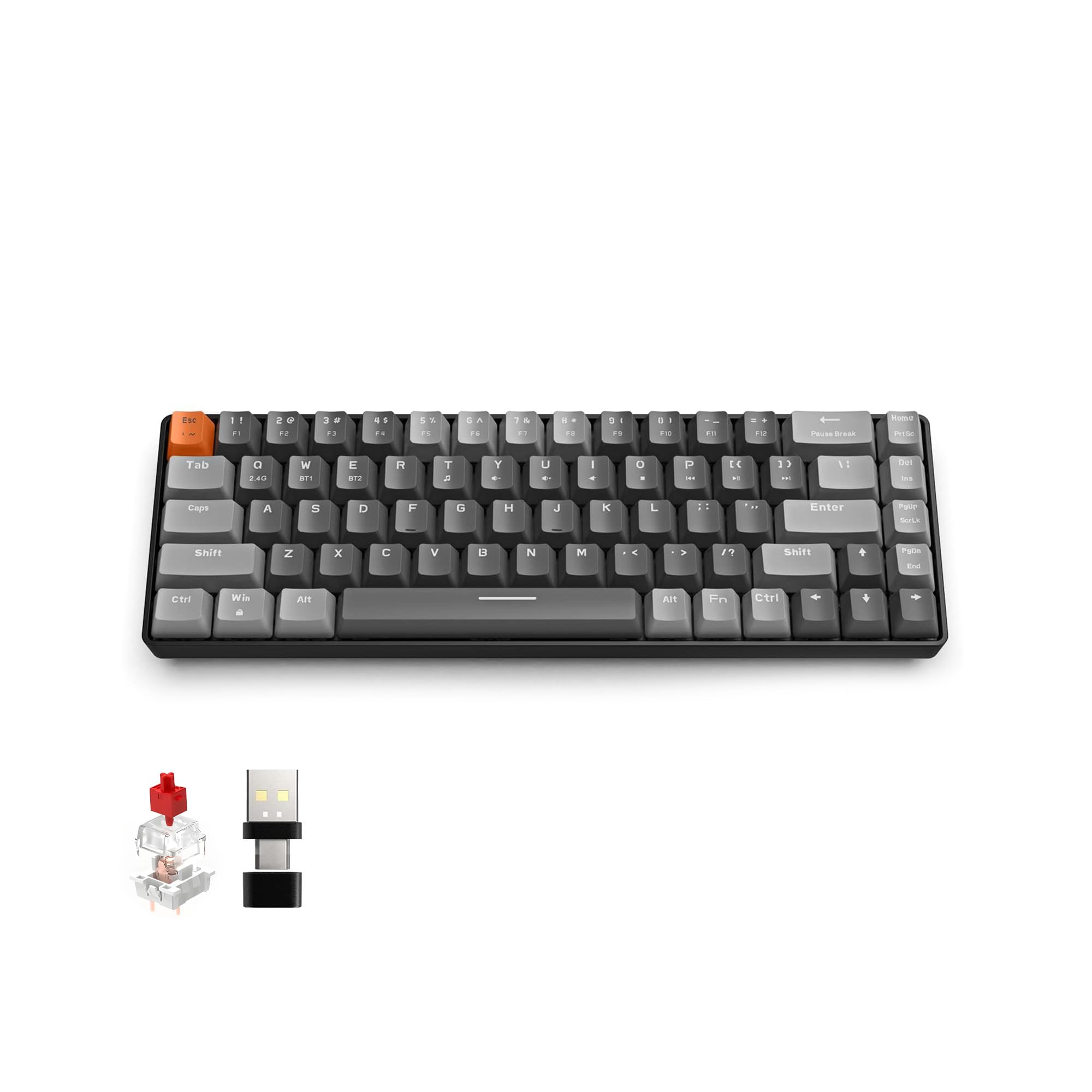 صندوق کلید بی‌سیم کیبورد بازی و کیبورد بلوتوث با کلیدهای قابل تعویض 2.4G مکانیکی XVersion، Red Switch، کیبورد بازی بی‌سیم برای کامپیوتر، کیبورد مکانیکی با رنگ خاکستری - قرمزگی - خاکستری - Red Switch