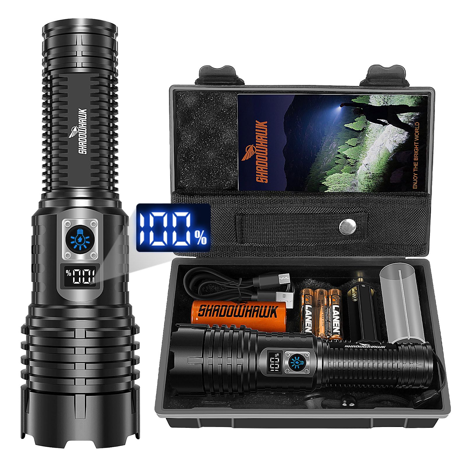 چراغ قوه قابل شارژ شدن Shadowhawk Flashlight، چراغ قوه 20000 لومن، چراغ قوه Led Led Led تاکتیکال، چراغ قوه های قدرتمند XHM77.2، چراغ دستی USB قوی برای کمپینگ، پیاده‌روی کوهستان، وضعیت اضطراری، براق، سیاه