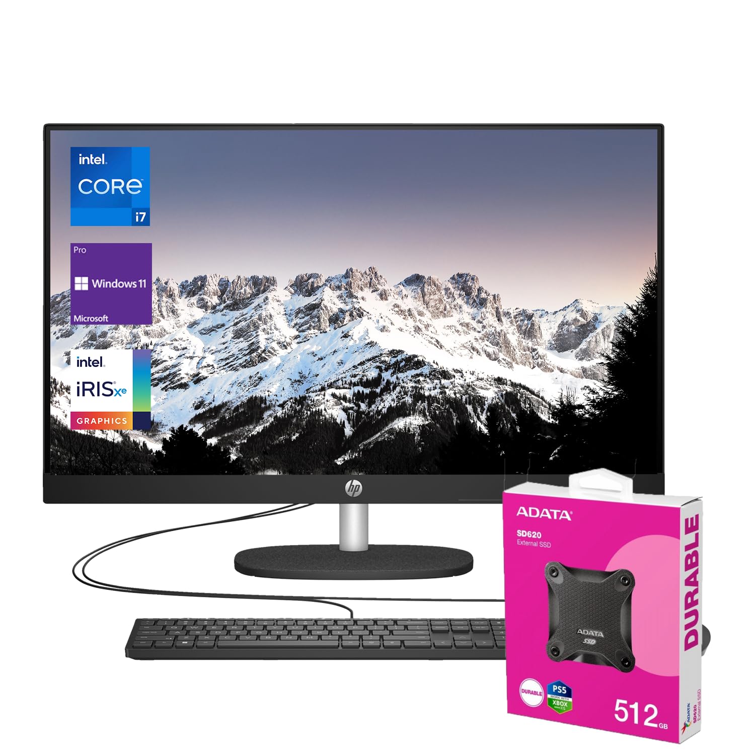 کامپیوتر همه در یک HP Business 27 اینچی نسل 13 i7، نمایش FHD، 16 گیگابایت رم، 1 ترابایت حافظه جامد از نوع SSD، دوربین IR، RJ-45، Wi-Fi 6، صفحه کلید و موس باسیم، ویندوز 11 Pro، رنگ مشکی، همراه با بسته Adata 512 حافظه جانبی SSD