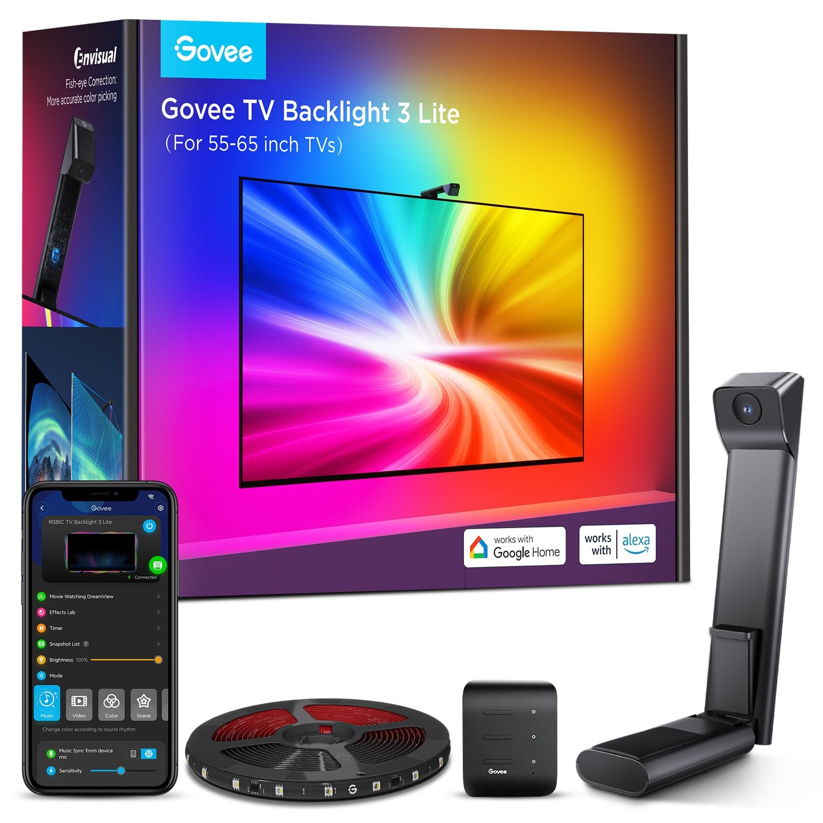 Govee TV Backlight 3 Lite با قابلیت اصلاح فیش-ای Sync برای تلویزیون‌های 55-65 اینچ، چراغ پس‌زمینه Wi-Fi ایسیس‌دابل-دیبل‌یو سی‌دابلیو RGBICW با دوربین، 4 رنگ در 1 چراغ‌میخ، کنترل صدا و از طریق اپلیکیشن، آداپتور 11.8 پا برای تلویزیون‌های 55-65 اینچ