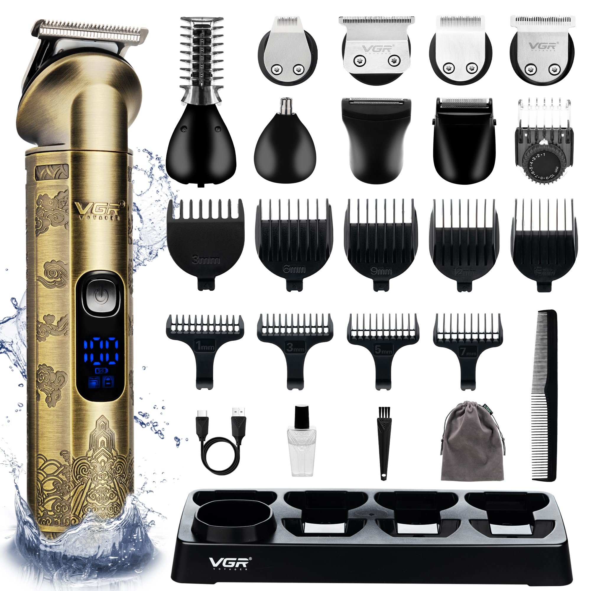 جاروبرقی مردانه VGR برای اصلاح ریش - تیغ‌های بی‌سیم - ضدآب IPX6 - تراش مو برقی - کیت بهداشتی مردانه برای گوش بینی بدن صورت زیرگره‌های موسیقی - 8 در 1