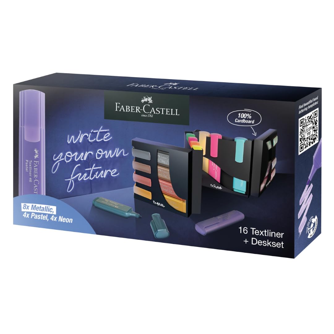 مجموعه دسک هایلایتر Faber-Castell - 16 مداد نشانگر نوک چیزل، مجموعه‌ای از هایلایترهای پاستل، نئون و فلزی - ملزومات برای یادداشت برداری از کتاب مقدس، هدایا برای هنرمندان Textliner 46 16er Deskset چندرنگ