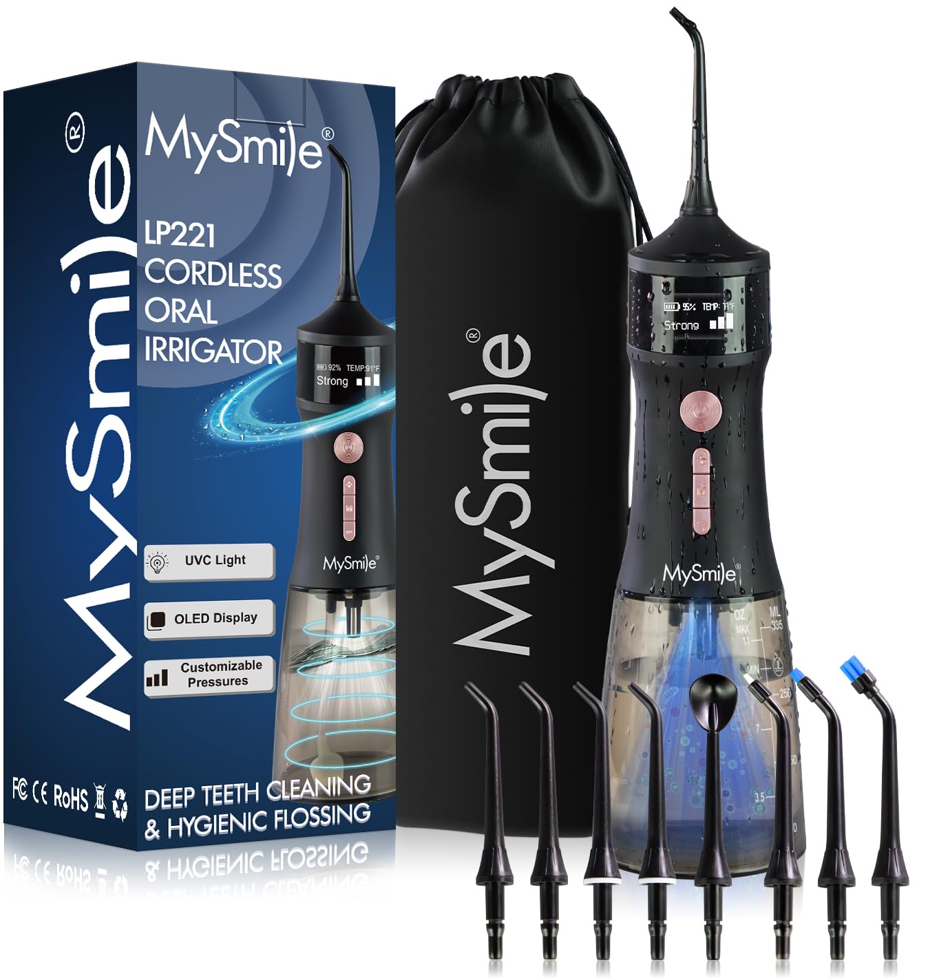 لطفاً ترجمه کنید: فلاسک دندانی بی‌سیم MySmile LP221 قابل استریل‌سازی با UVC برای دندان‌ها 335 میلی‌لیتر دارای صفحه نمایش OLED قابل حمل با 4 حالت و 8 نکته ازند و یک کیس نگهداری برای خانه و سفر (مشکی دیل‌کن)