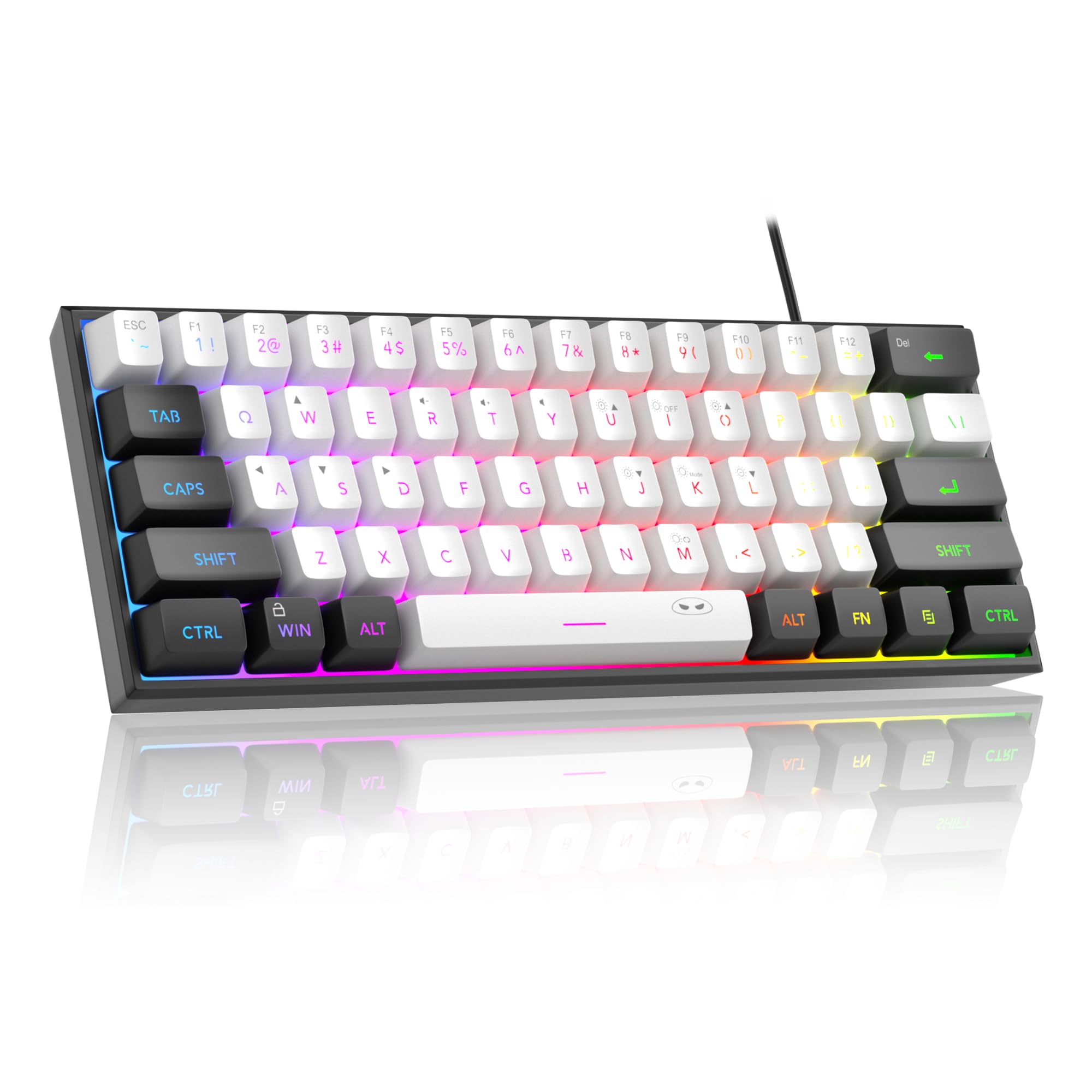 مینی کیبورد بازی MageGee Mini 60٪، با نور پس‌زمینه RGB کلیدهای بسیار کوچک 61 عددی، TS 91 کیبورد کامپیوتر آفیس با حس مکانیکی ضدآب و گیمر مخصوص PC، MAC، PS 4، Xbox ONE (سیاه سفید)...... مشکی سفید.