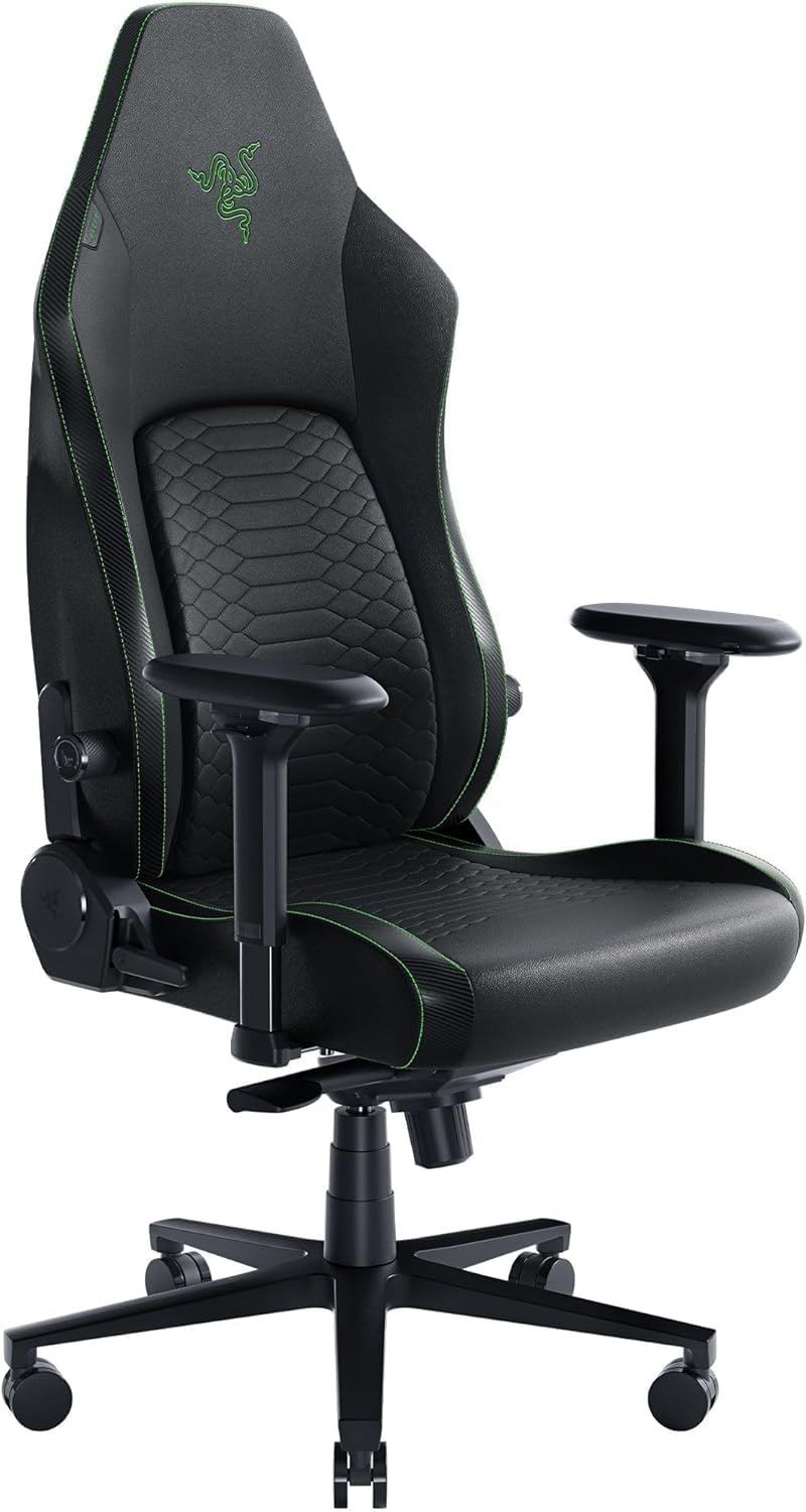 صندلی بازی Razer Iskur V2، پشتیبانی کمرگاهی تطبیقی، منحنی کمر قابل تنظیم، فوم با چگالی بالا، شیب صندلی و شیب‌دهی 152 درجه، بازوی چهار جهت قابل تنظیم، چرم مصنوعی - مشکی و سبز مدل استاندارد V2 - مدل 2024