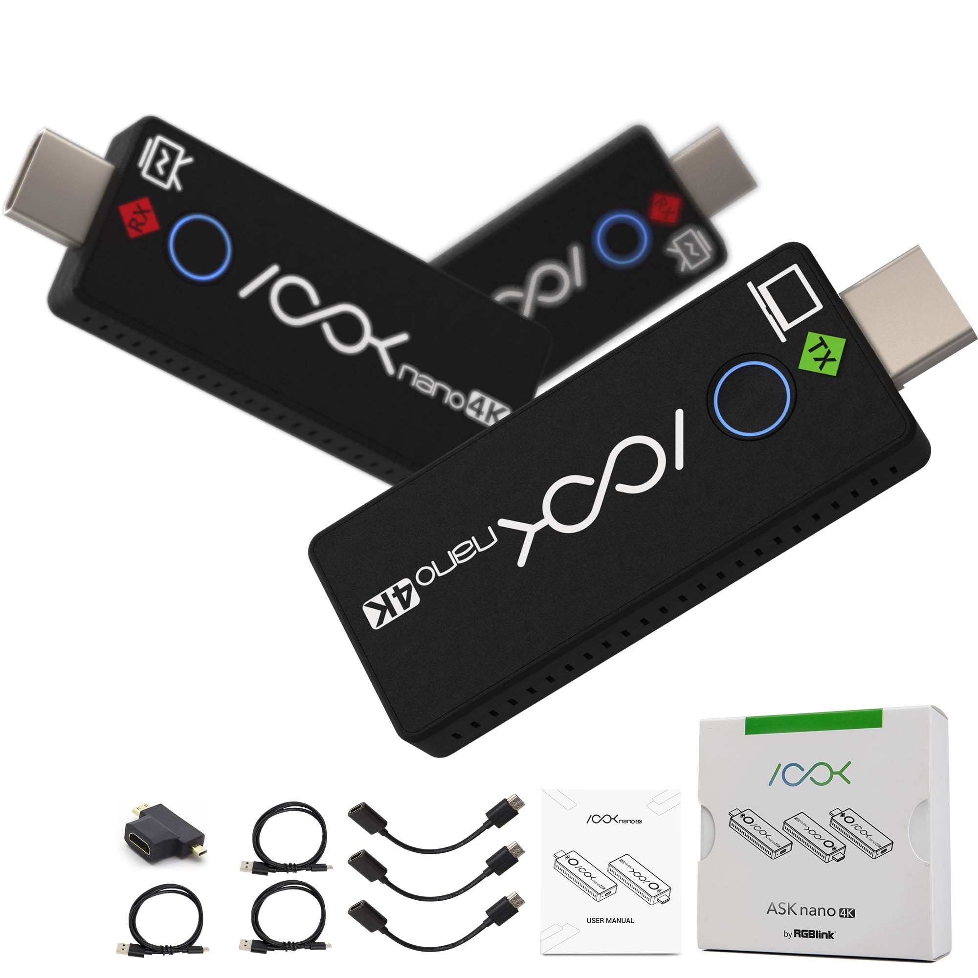 RGBlink 4K Wireless HDMI فرستنده و گیرنده کیت، پلاگ اند پلی، تقویت کننده HDMI بی‌سیم یک فرستنده و دو گیرنده، پشتیبانی از لپتاپ به دو مانیتور برای جلسات پخش زنده، ASKnano 4K-1V2