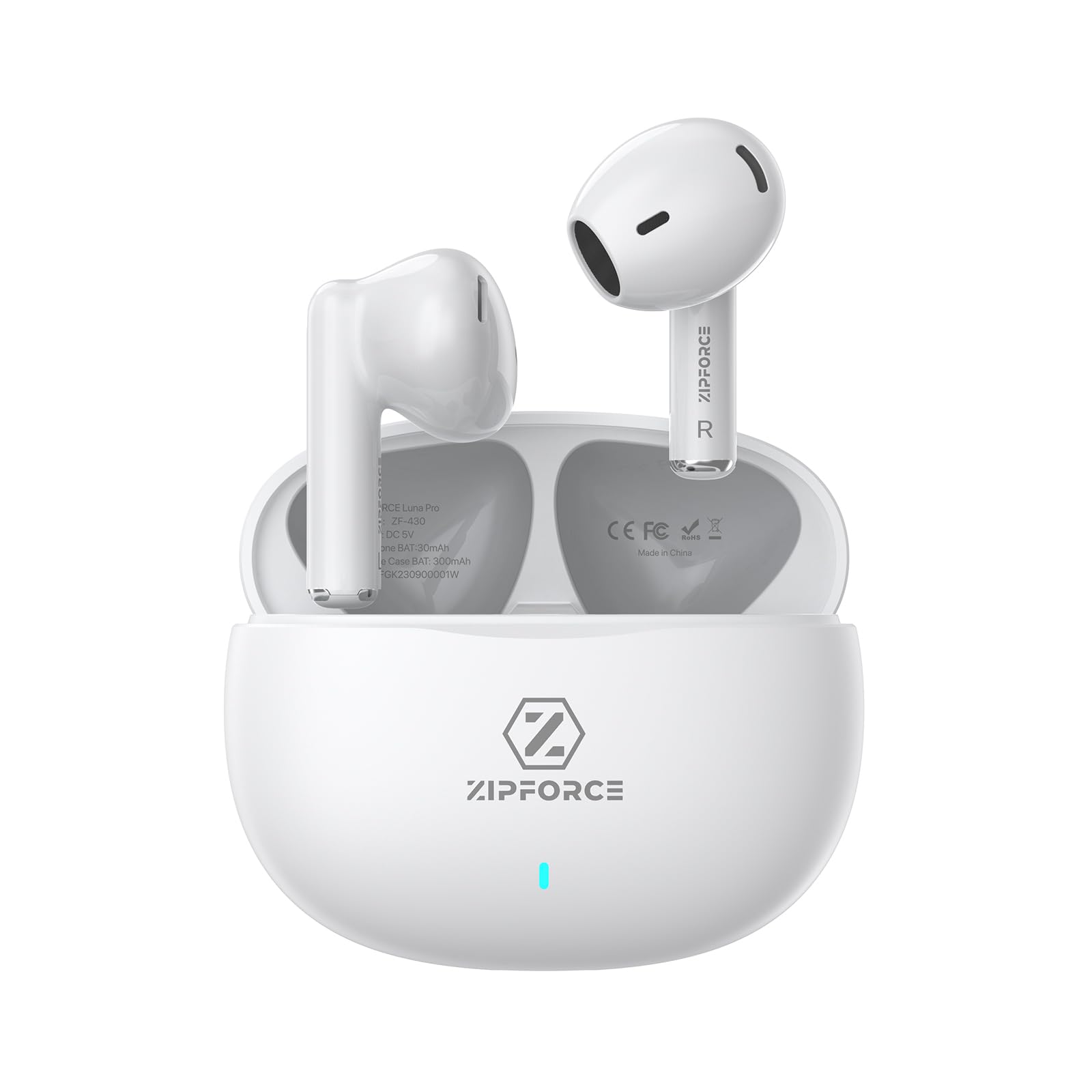 هدفون بی‌سیم ZIPFORCE True ، هدفون بلوتوث درون‌گوش 5.3، دارای 4 میکروفن ENC کنسل کننده تماس واضح، کنترل لمسی هدفون بلوتوث با زمان پخش 40 ساعته، TWS ضدآب با IPX6، گوشی‌های سبک وزن سفید