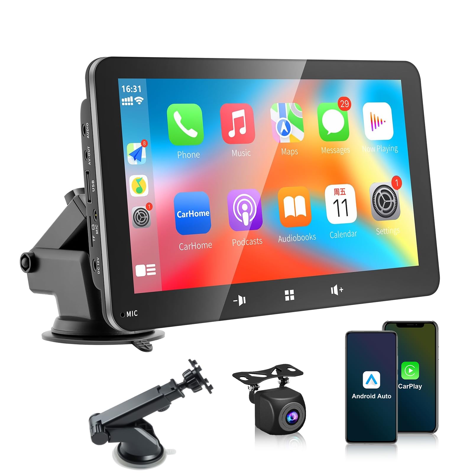 اندروید اتومبیل بی‌سیم اپل CarPlay رادیو اتومبیل، صفحه نمایش لمسی IPS 7 اینچی اپل CarPlay با دوربین دید عقب، صفحه نمایش اتومبیل قابل حمل با Mirror Link و Airplay برای اتومبیل‌ها، موتورسیکلت و کامیون‌ها