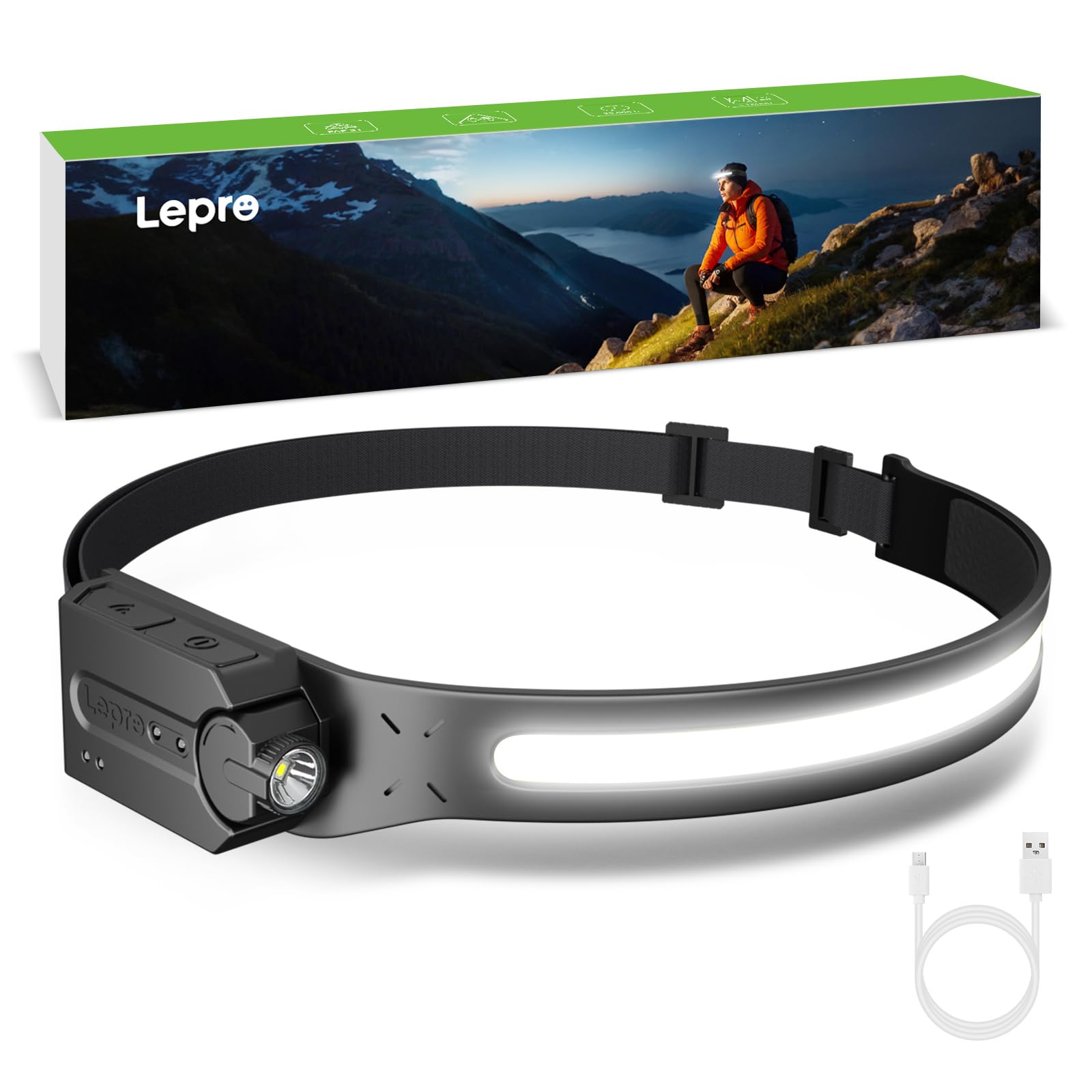 لامپ سر LED قابل شارژ - لامپ سر حسگر حرکت بسیار روشن با باتری 1200 میلی آمپرساعت، 230 درجه بیم بزرگ COB و نورپرداز قابل تنظیم، لامپ سر ضدآب IP44 برای کمپینگ، پیاده‌روی در طبیعت، دویدن، شلیک قدرتی