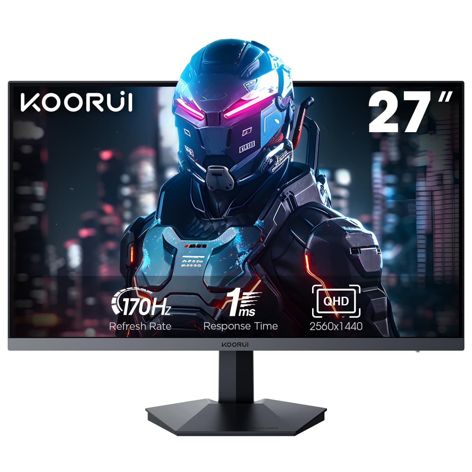 مانیتور بازی 27 اینچی KOORUI، صفحه نمایش PC QHD 2560x1440 فناوری Adaptive-Sync (پنل IPS، 170Hz، 1ms، DCI-P3 90٪، سازگاری Gsync، 2xHDMI، VESA، DisplayPort، تیلت قابل تنظیم)