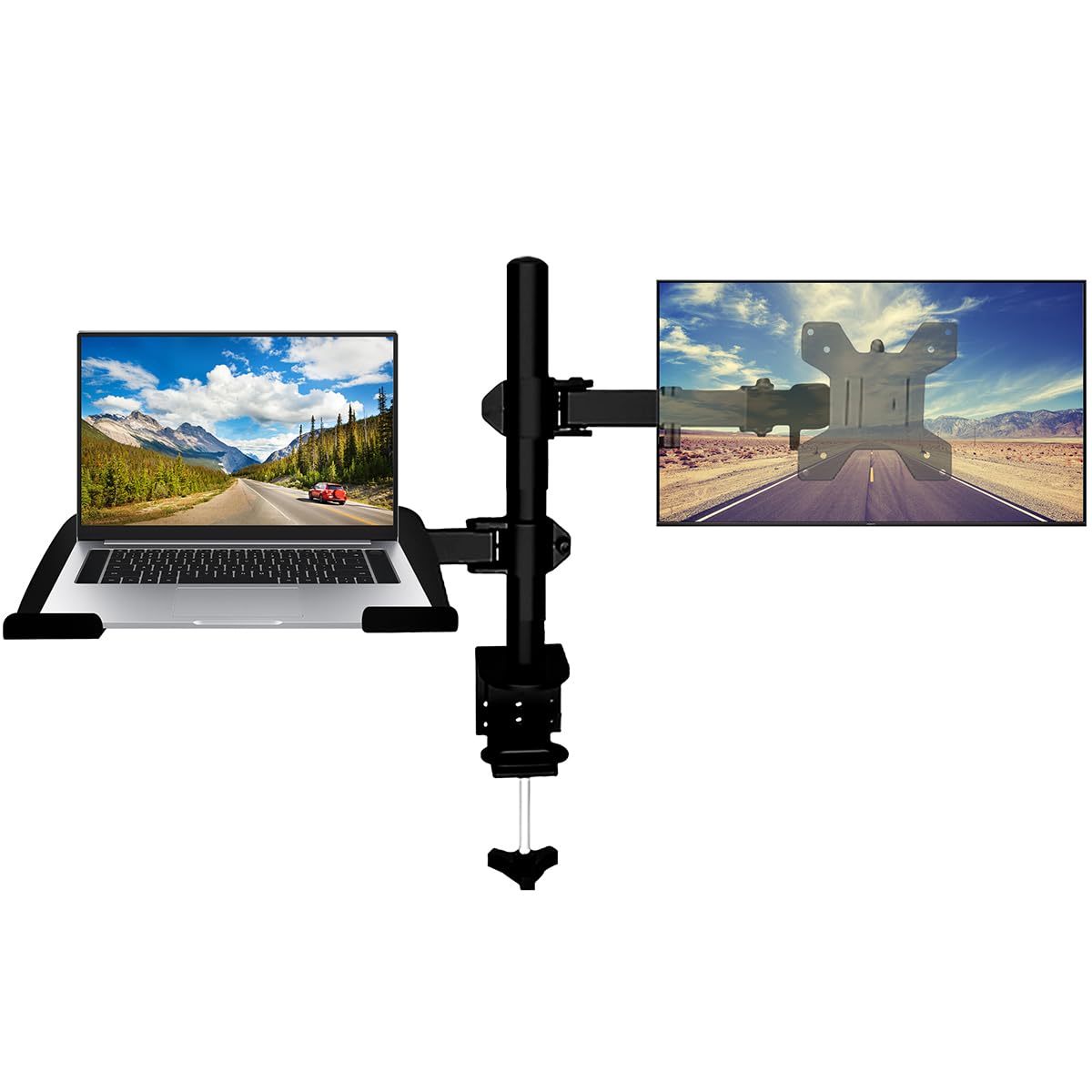 Cestbella Monitor Laptop Mount Stand = استند مانیتور و لپتاپ Cestbella
Gas Spring Dual Monitor Arm Rack with Laptop Tray Fully Adjustable 12 to 17 inch Notebook Desk Mount Stand = قفسه دوشاخه مانیتور با رک اسپرنگ گازی برای لپتاپ و قابل تنظیم تا ۱۲ تا ۱۷ اینچی
with Clamp Fits 13-32’’ LCD Computer Screen Office = با قابلیت نصب بر روی صفحه کامپیوتر اداری از ۱۳ تا ۳۲ اینچ با قفل