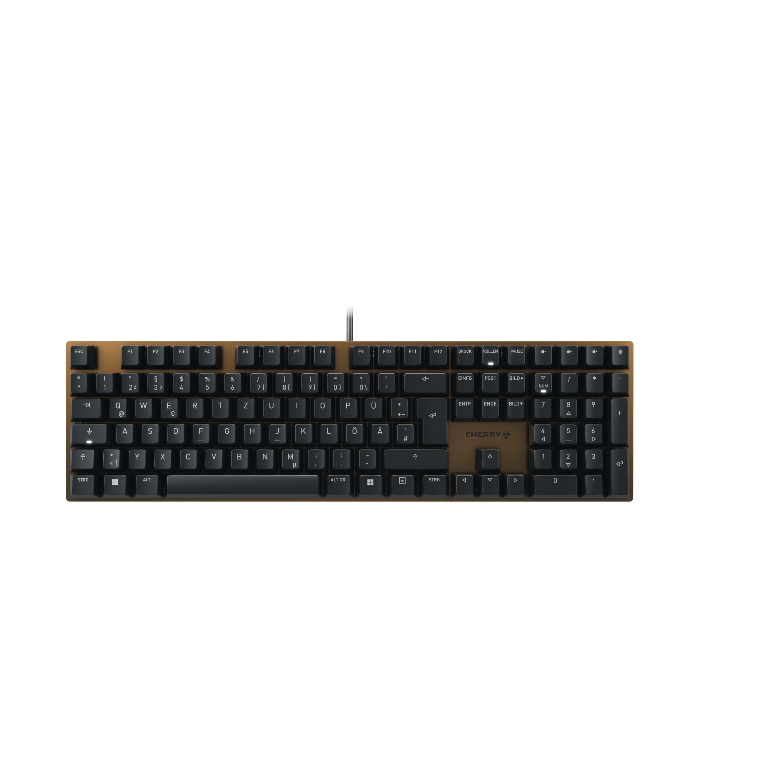 تایپ کردن CHERRY KC 200 MX مکانیکی دفتر کار با پلیت فلزی الومینیوم قلعی، طرح برای آلمان (QWERTZ)، باسیم، سوئیچ‌های MX2A SILENT RED، مشکی / برنز