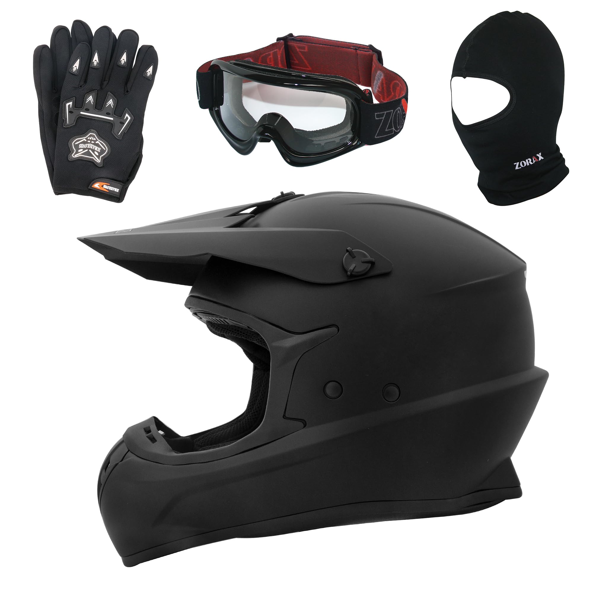 زوراکس ZOR-X305 کاسکت موتوکراس با دستکش و عینک و بالاکلاوا - کاسکت موتوکراس مدل MX Quad ATV Sports Enduro Crash Dirt Bike با گواهی ECE 22.06 اندازه L #01 مشکی مات