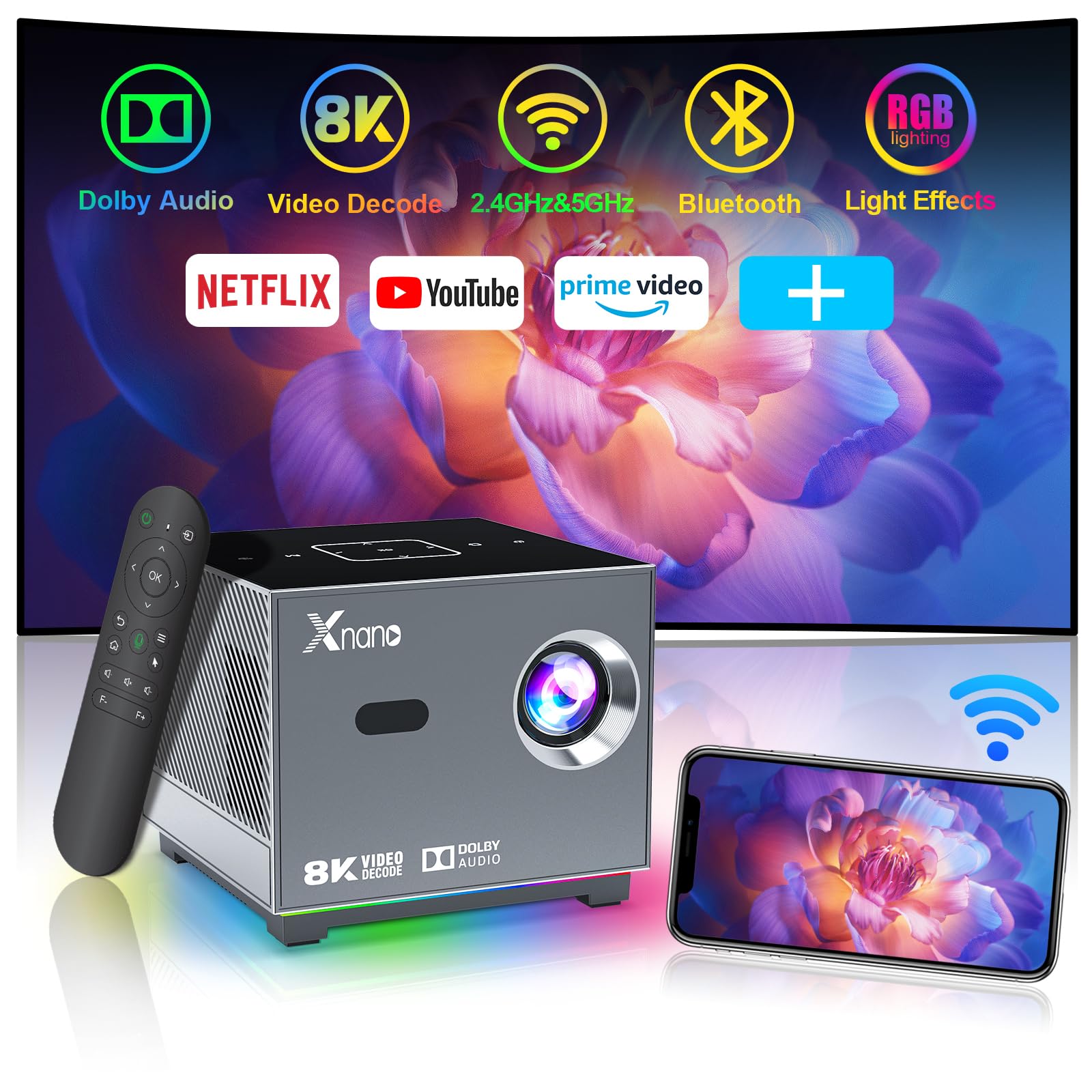 پروژکتور کوچک XNANO با پشتیبانی از رمزگشایی ویدئو 8K/4K و فوکوس الکتریک، سازگار با وای فای 5G و بلوتوث، پروژکتور هوشمند قابل حمل برای iOS / Android / TV Stick با نورپردازی LED، برنامه های بیشتر درون‌خودی خاکستری