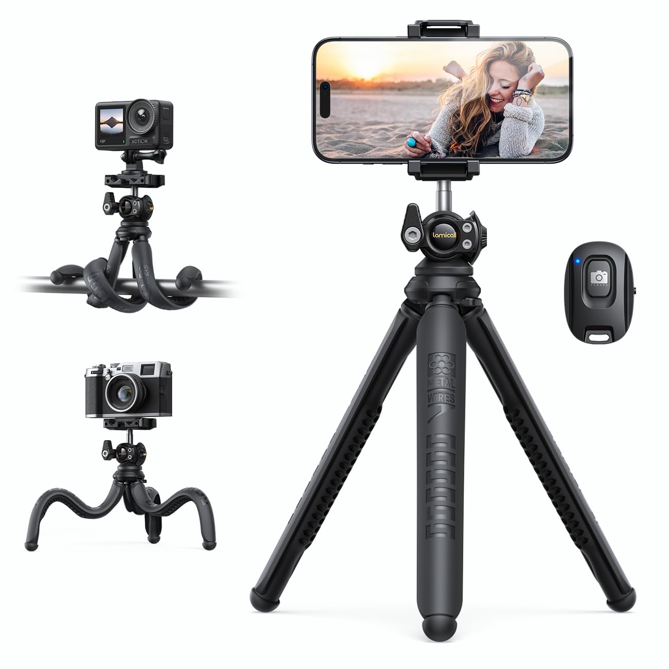 Lamicall Phone Tripod، Flexible Camera Tripod - ژیروزی آیفون با ریموت بی‌سیم، قابل حمل 360 درجه چرخشی iPhone Tripod Stand Mount برای تلفن همراه، GoPro، دوربین دیجیتال سیاه
