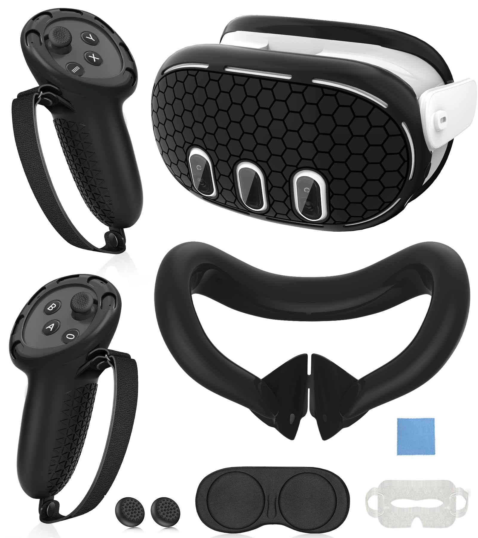 مجموعه کاور سیلیکونی سازگار با Oculus/Meta Quest 3، لوازم جانبی VR شامل کاور محافظ دسته کنترلر، کاور جلویی هدست و کاور صورت، محافظ لنز، هدیه از جشن کریسمس (مشکی)