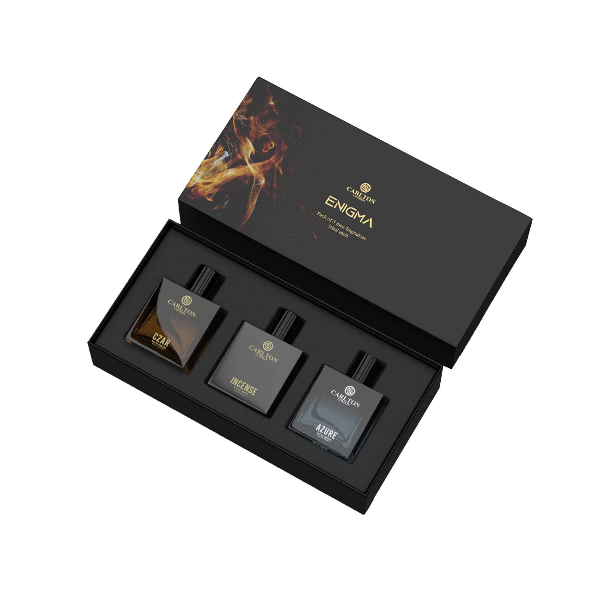 مجموعه هدیه عطر کارلتون لندن پرمیوم انیگما برای مردان | عطرهای تند، چوبی و مرکباتی با ماندگاری بالا | مجموعه ۳ عددی - هرکدام ۵۰ میلی‌لیتر | ادوپرفیوم‌های آسور، اینسنس و سزار