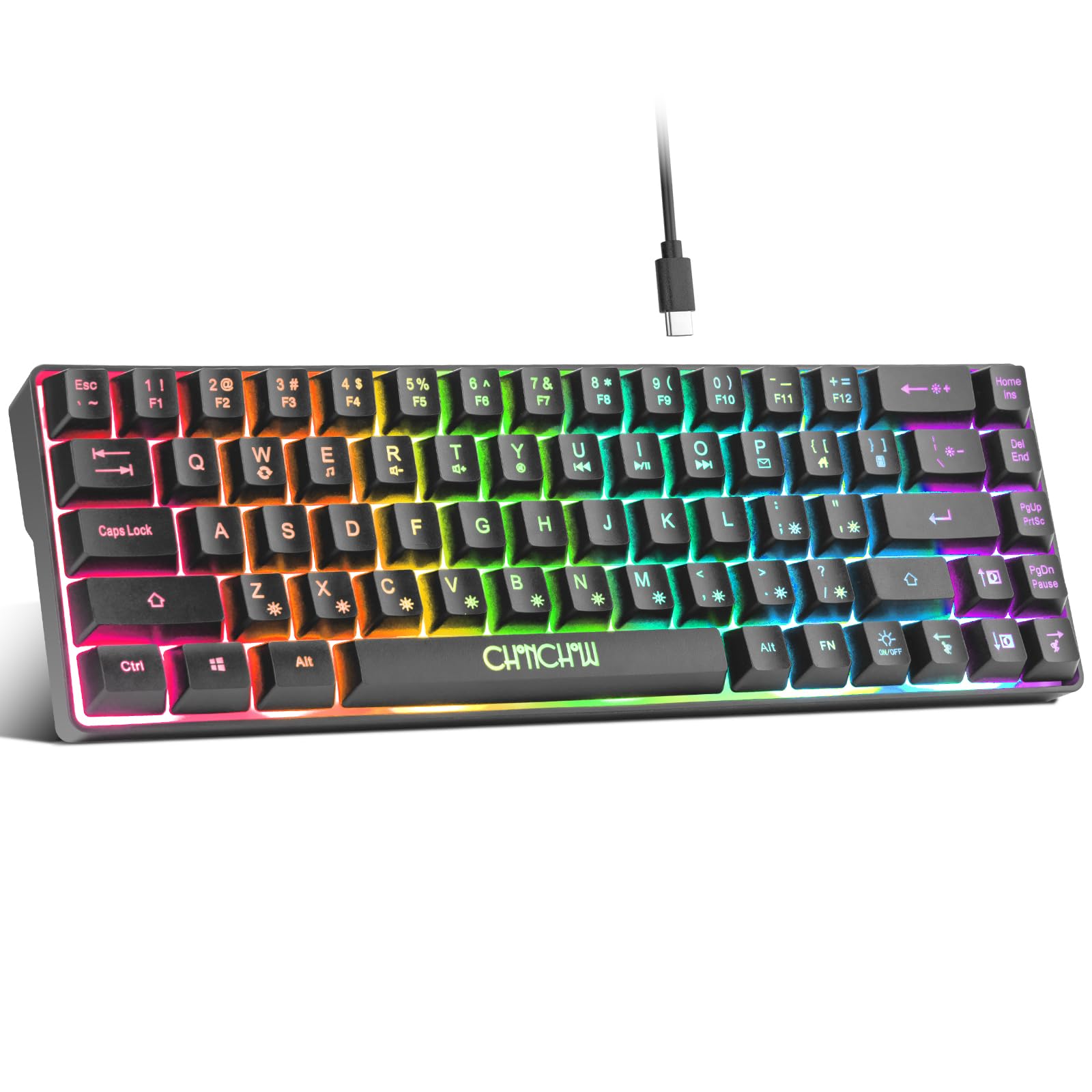 کیبورد بازی CHONCHOW Mini RGB 60٪، دارای 68 کلید، کوچک و جمع و جور، باسیم، با نور رنگارنگ Rainbow Light Up Backlit برای بازی های Xbox PS4 PS5 PC Laptop Gamer (مشکی، محلی)