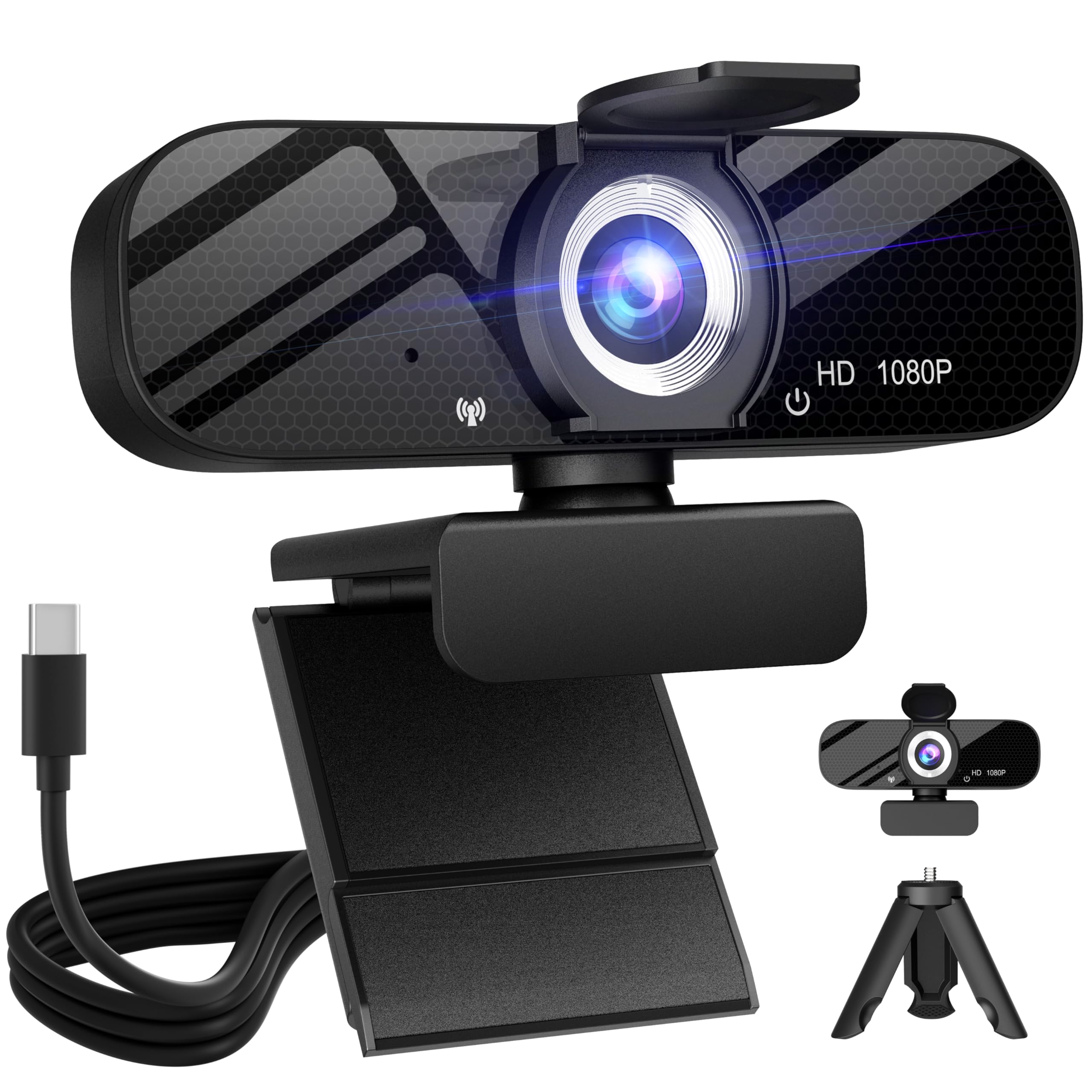 وب‌کم Full HD با میکروفون داخلی و تریپاد قابل چرخش، ویدیو 1080P و دوربین زاویه‌ای وسیع، درپوش حریم خصوصی، برای کامپیوتر رومیزی یا لپتاپ وب‌کم 1080P با کابل Type-C