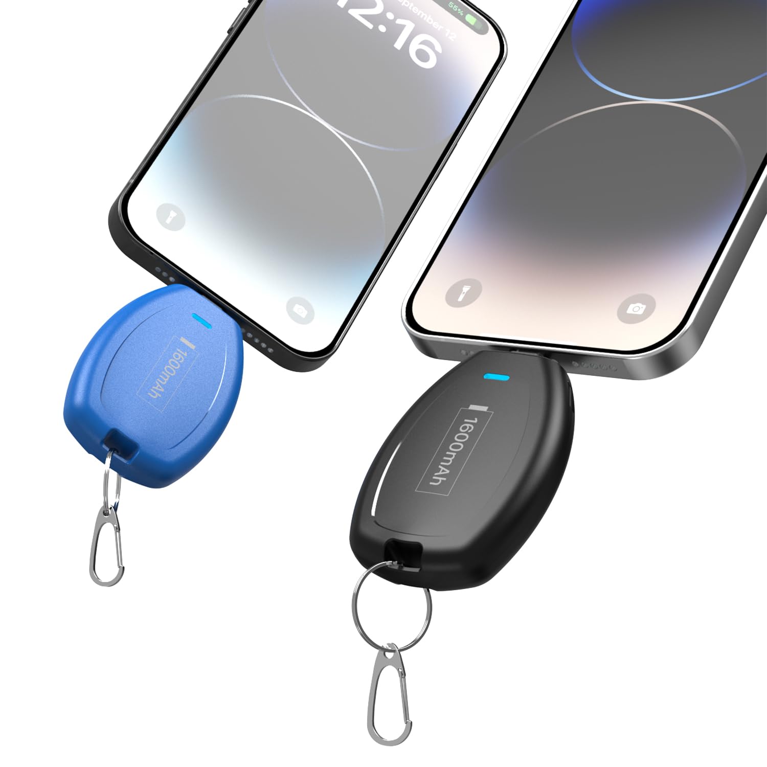پاور بانک قابل حمل کیچین (2 پک) برای آیفون، ایرپاد، پاور اضطراری با ظرفیت 1600mAh، شارژر کیچین مینی برای آیفون 14/14 پلاس/14 پرو مکس/13/13 پرو مکس/12 مینی/11 پرو/6S، مشکی و آبی