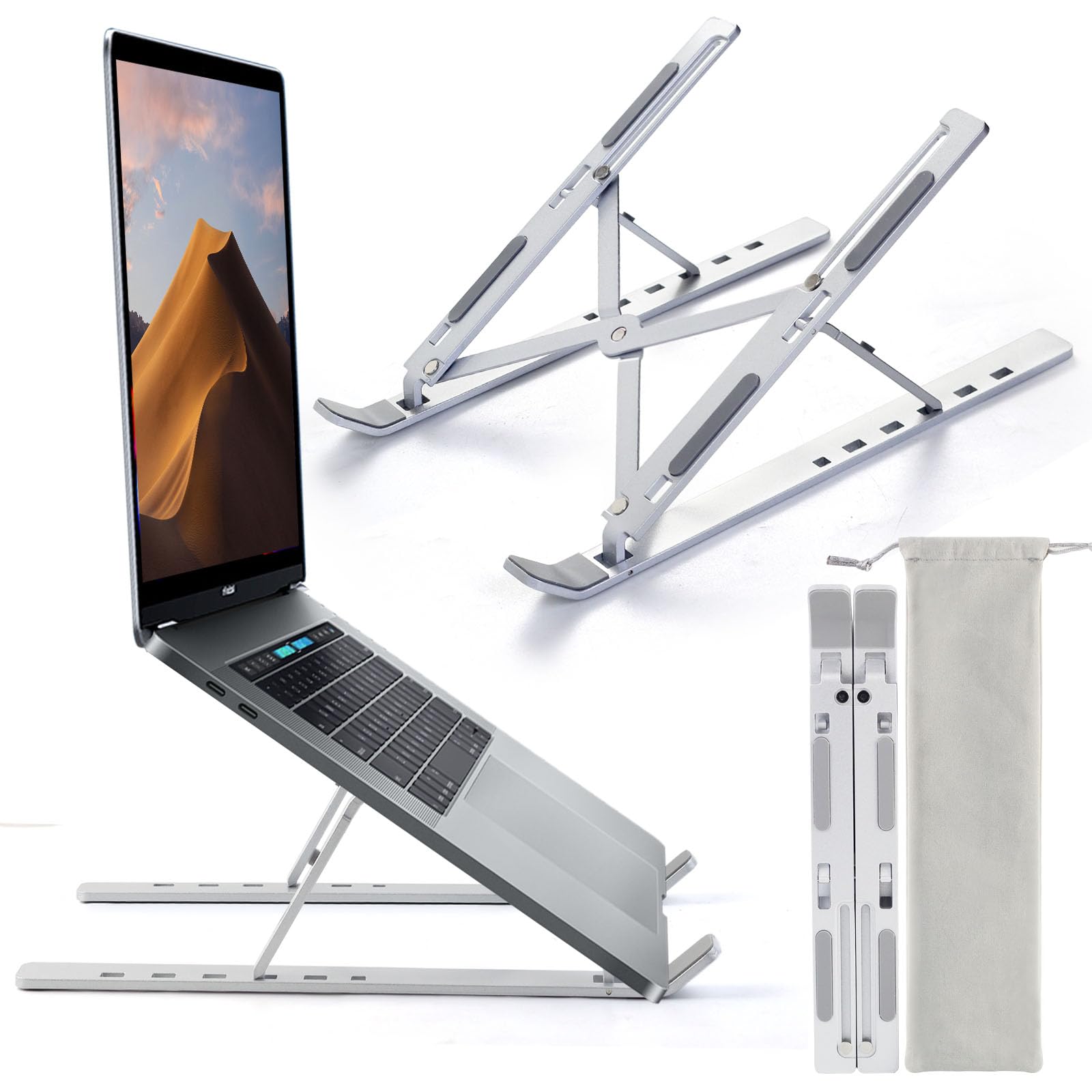 پایه لپ تاپ SKY-TOUCH برای میز، قابل تنظیم از جنس ABS+سیلیکون، پایه قابل‌تاشو قابل حمل برای لپ تاپ، پایه خنک کننده تهویه‌دار برای مک‌بوک پرو، ایر، لنوو، دل، اچ‌پی، لپ تاپ‌ها، تبلت - نقره‌ای-جدید