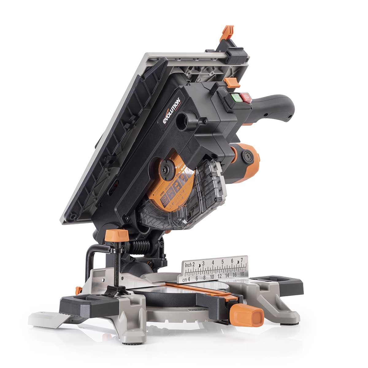 دستگاه برش چند منظوره و چند مواد تبدیل‌پذیر Evolution Power Tools R210MTS-G2، شامل اره میتر/اره جدول، برش کوچک و جمع و جور، زاویه شیب -۴۷ درجه و زاویه میتر +/- ۴۵ درجه، شامل تیغه TCT برای برش چوب است.