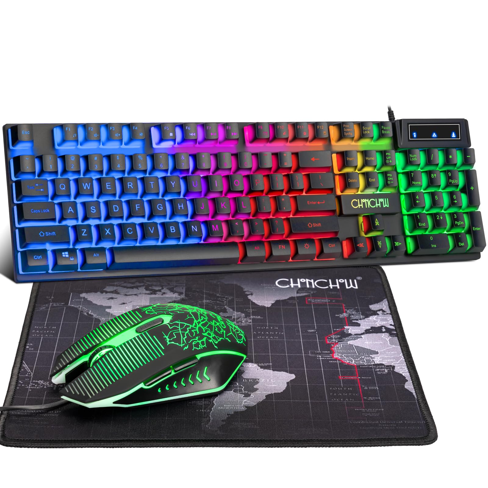 کیبورد و موس گیمینگ CHONCHOW با نور LED و کابل اتصال، همراه با کیبورد با حروف نورانی، موس با دقت 4800DPI و نور پس زمینه رنگارنگ، احساس مکانیکی، سازگار با PC، Raspberry Pi، Mac، Xbox one و ps4 (مشکی، محلی)