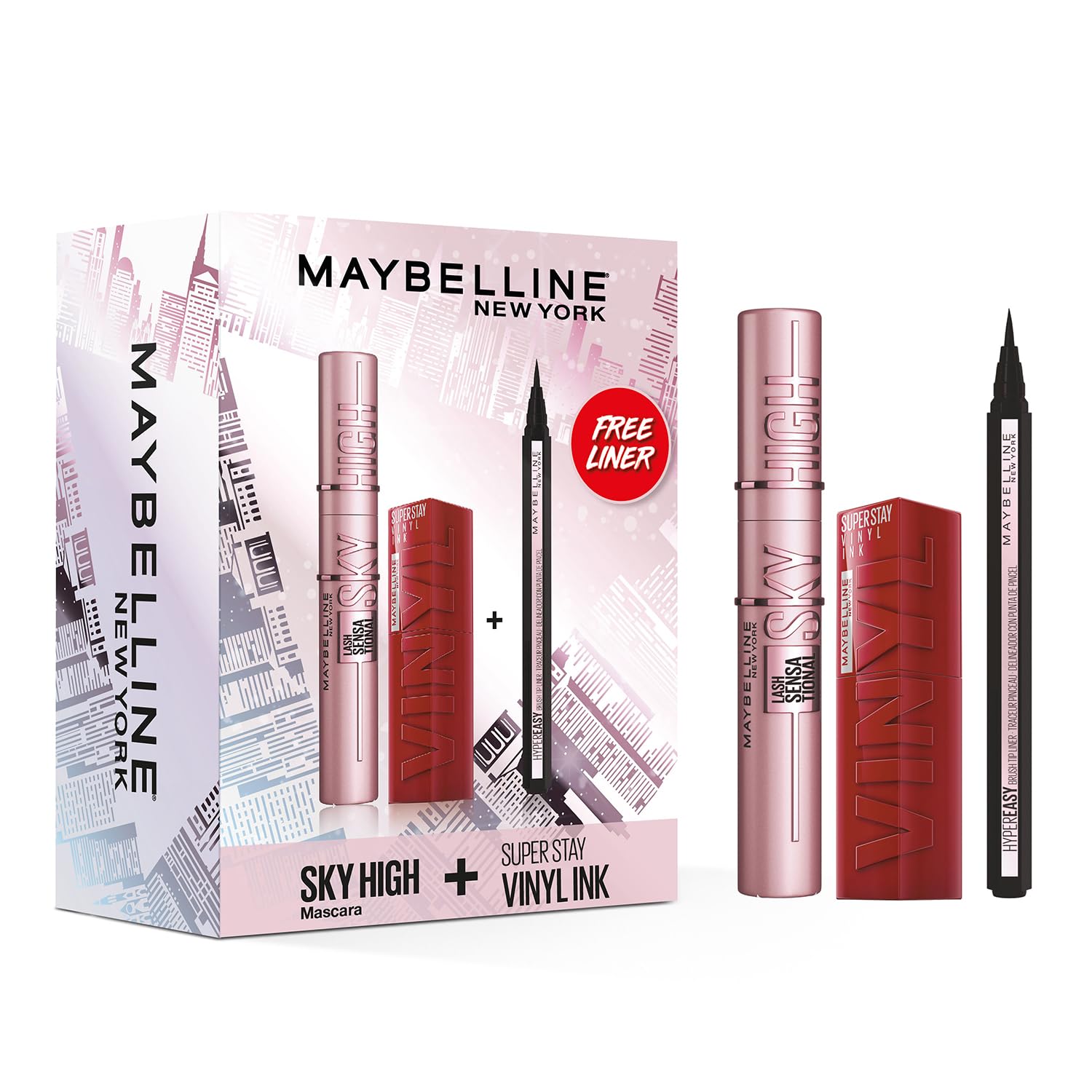 Maybelline New York - محصولات ضروری روزانه شما - 1 رژماتیک اسکای های ماسکارا + 1 رژ لب وینیل اینک + 1 ست خط چشم هایپر آسان وینیل اینک Cheeky