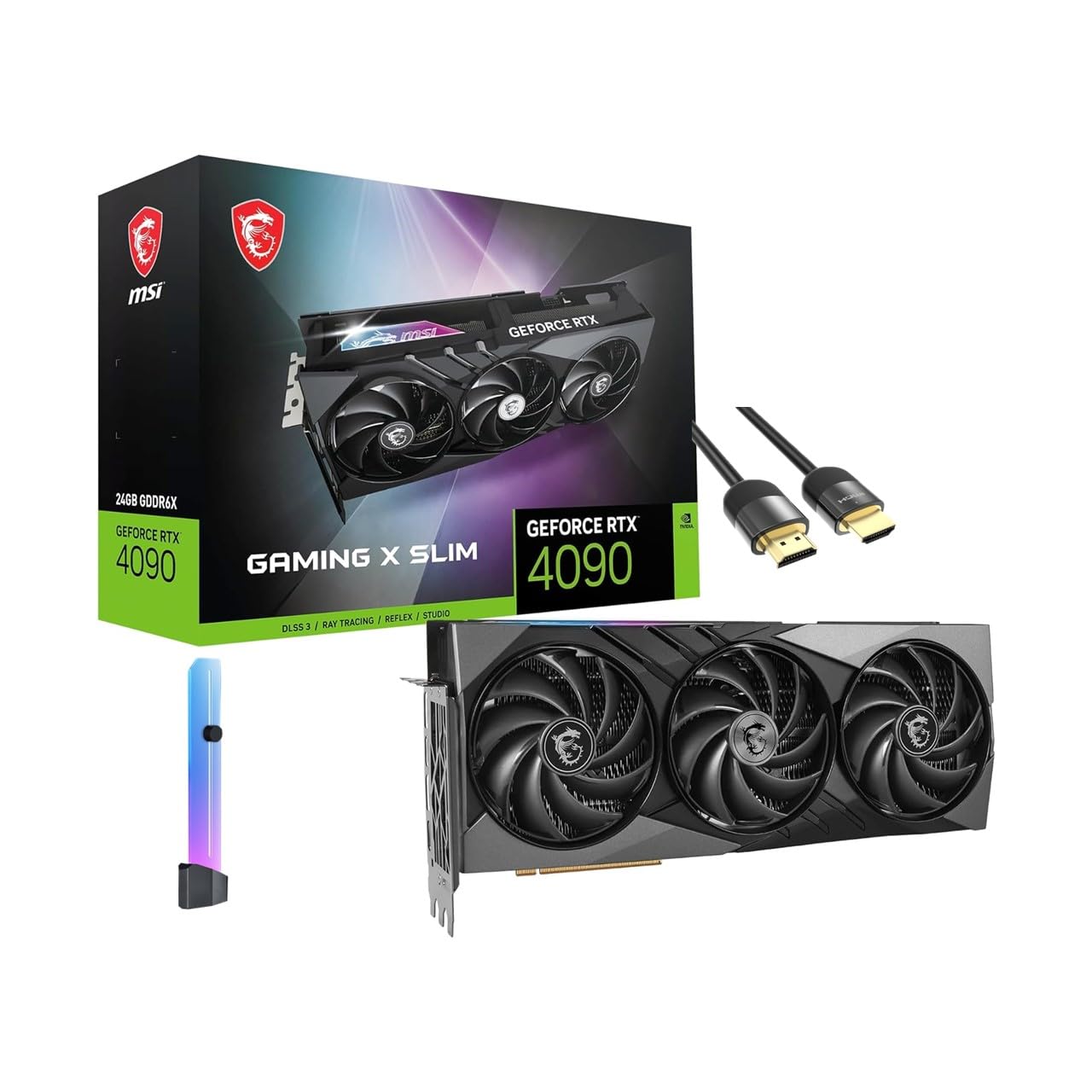 کارت گرافیک MSI Gaming X Slim GeForce RTX 4090 (PCIe 4.0، 24GB 384Bit GDRR6X، HDMI 2.1a، DP 1.4a، TRI FROZR 3)، دارای برگه RGB ضد انبساط، کابل HDMI 2.1