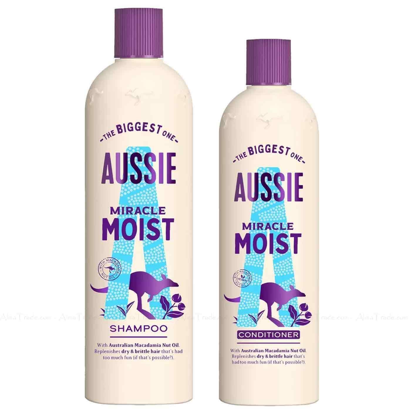 شامپو مو با روغن مکادامیا از سری محصولات Aussie Miracle Moist حجم 675 میلی‌لیتر + کاندیشنر حجم 470 میلی‌لیتر، دو عدد (بسته یک تایی)