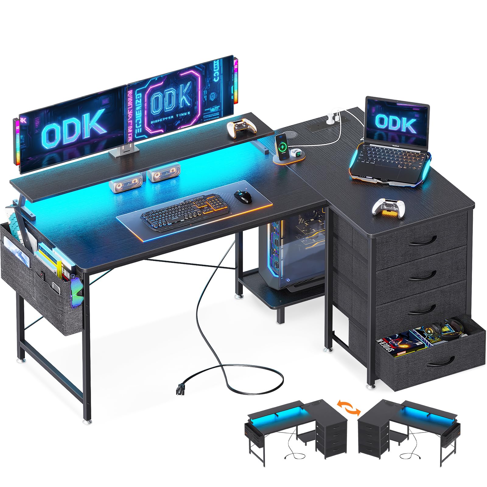 میز بازی ODK با چراغ‌های LED و پریزهای برق USB، میز کامپیوتر L شکل قابل برگردان با 4 دراور، میز بازی گیمر گوشه‌ای با قفسه CPU و ایستگاه مانیتور، میز بازی برای اتاق خواب، رنگ سیاه، 140*80*73 سانتی‌متر 140 × 80 سانتی‌متر