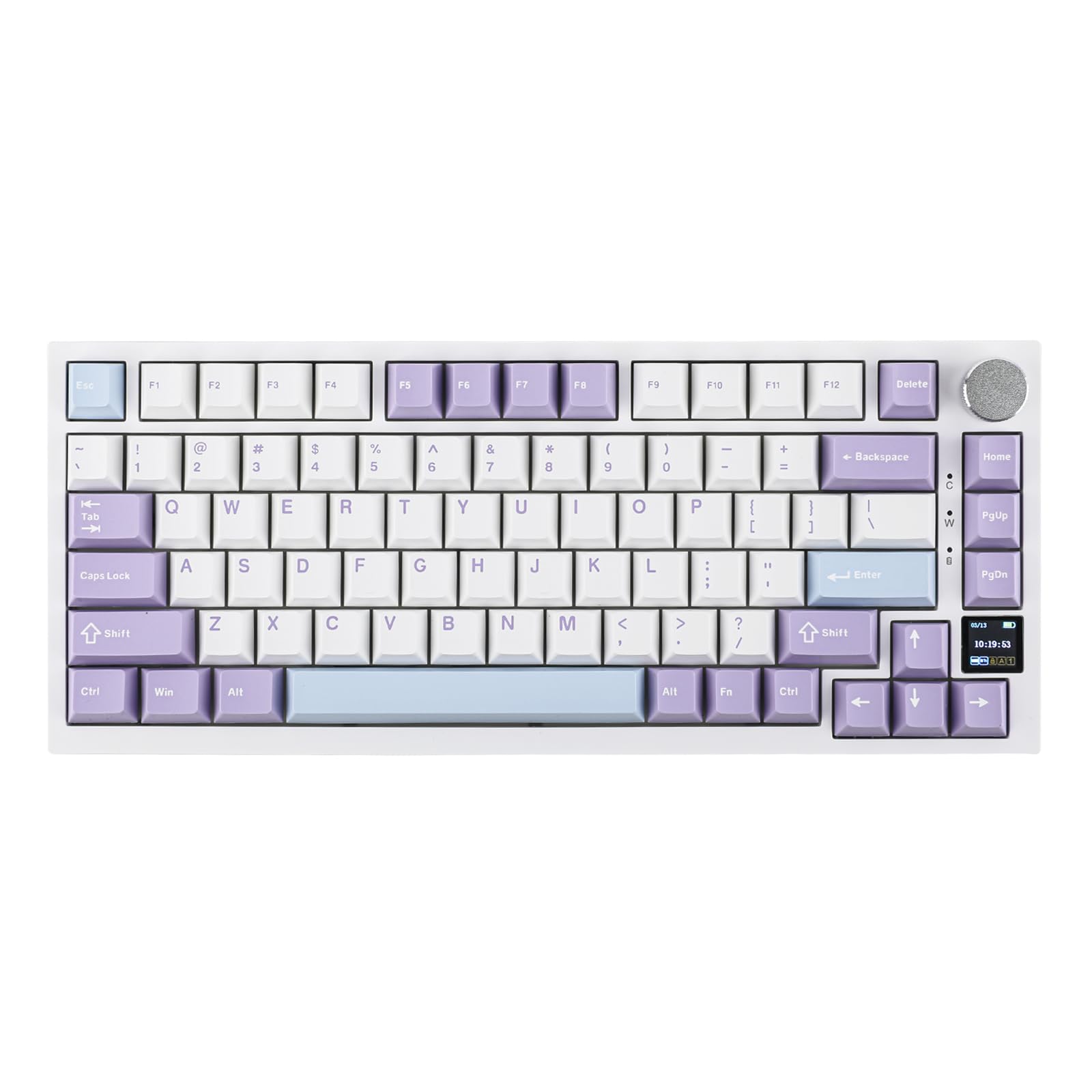 صفحه‌کلید مکانیکی نصب‌شده با گسکت Ajazz AK820 Pro 75% از EPOMAKER با صفحه نمایش TFT، 3 حالت (بلوتوث 5.1/بی‌سیم 2.4G و سیمی نوع-C)، فوم‌های جذب صدا (سفید بنفش، سوئیچ Ajazz Flying Fish)، سوئیچ Ajazz Flying Fish سفید بنفش