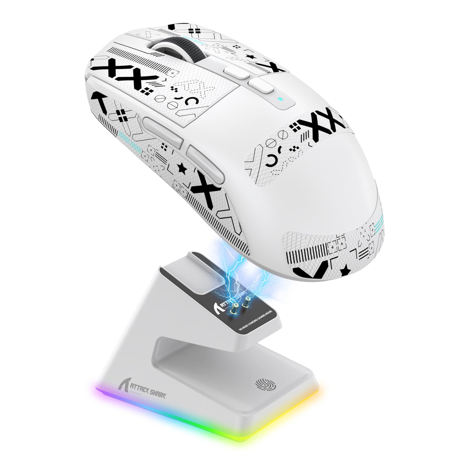 موش Wی بی‌سیم با نور پس‌زمینه RGB با پایه شارژ، سیم دو حالته / 2.4GHz / BT5.2، 26K نقاط در هر اینچ، حسگر نوری PAW3395، سویچ HUANO، 5 دکمه قابل برنامه‌ریزی، PC / Mac (سفید + استیکر)