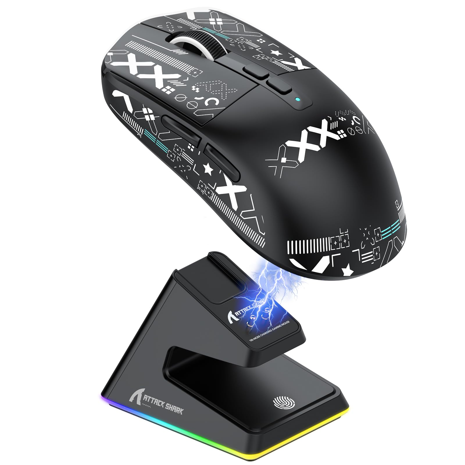 حمله کردن. موش های SHARK X6 49g SUPERLIGHT با پایه شارژ مغناطیسی PixArt PAW3395 Gaming Sensor، موش بی‌سیم/سیمی با BT/2.4G با تیپ 26000DPI، موس ارتقا یافته X3 برای برنده/Xbox/PS/Mac (مشکی) مشکی با تیپ
