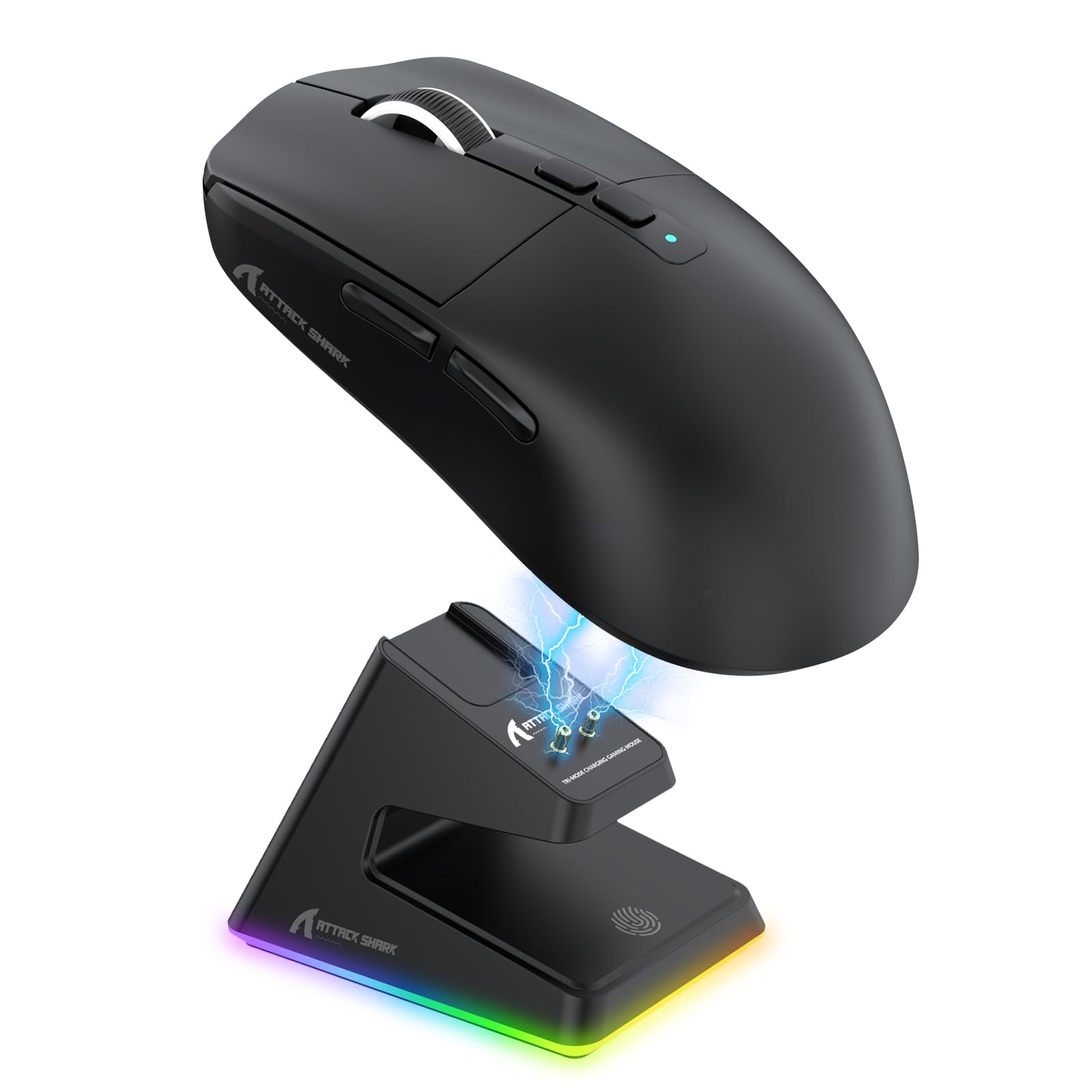 حمله کردن. ماوس بازی بی‌سیم ATTACK SHARK X6 با نور پس‌زمینه RGB، قاعده شارژ، سه حالت سیمی/2.4 گیگاهرتز/BT5.2، 26 هزار دقیقه‌اندازی، سنسور نوری PAW3395، سوئیچ HUANO، 5 دکمه قابل برنامه‌ریزی، PC/Mac (مشکی) مشکی و قاعده شارژ