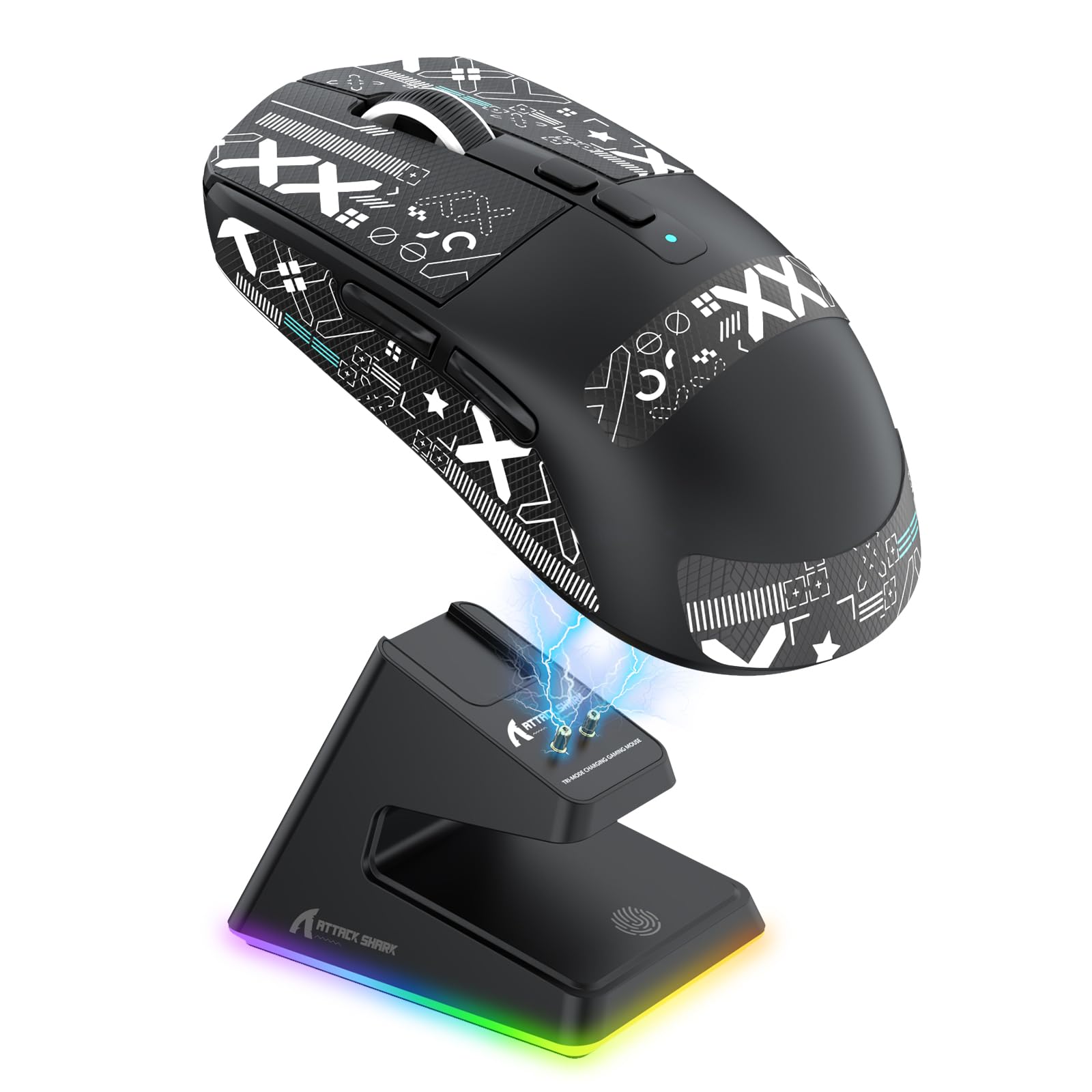 حمله کردن کوسن X6 موشواره باسیم سبک با پشتیبانی RGB، پایه شارژ کردن، سه حالت باسیم/2.۴GHz/BT۵.۲، 26K نقطه در اینچ، حسگر نوری PAW۳۳۹۵، سوئیچ HUANO، ۵ دکمه قابل برنامه‌ریزی، PC/Mac(مشکی+استیکر) مشکی و استیکر ضد لغزش