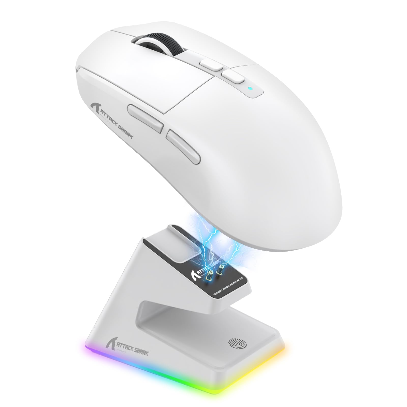 ماوس بازی بی‌سیم ATTACK SHARK X6 با وزن سبک با نور پس‌زمینه RGB و پایه شارژ، سه حالت سیمی/2.4GHz/BT5.2، 26 هزار DPI، حسگر نوری PAW3395، سوئیچ HUANO، 5 دکمه قابل برنامه‌ریزی، قابل استفاده بر روی PC/Mac (سفید) سفید و پایه شارژ