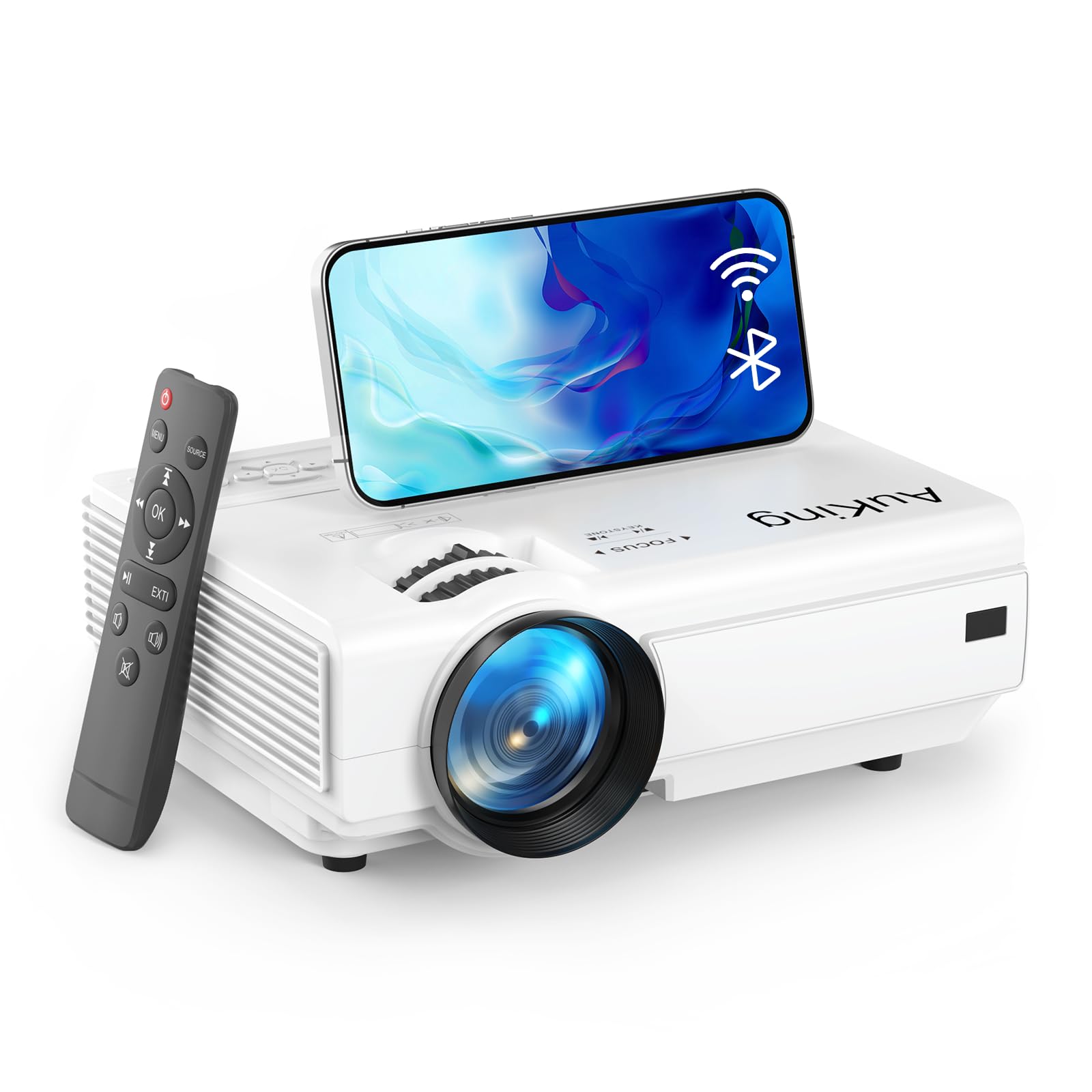 پروژکتور AuKing با وای فای و بلوتوث، پروژکتور Full HD 1080P Mini به روز شده 2025، پروژکتور ویدئویی سینمای خانگی سازگار با HDMI/USB/AV/اسمارتفون/جعبه تلویزیون/لپتاپ