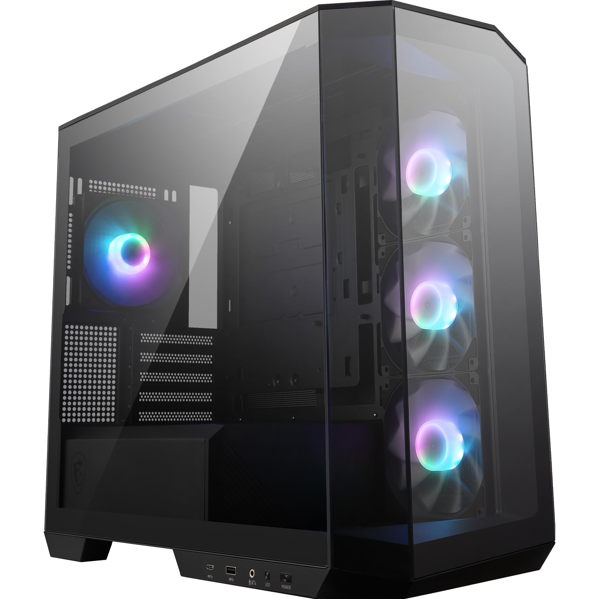 کیس ای اس آی MSI MAG PANO M100R PZ - ظرفیت میکرو-ATX، 3 فن ARGB با تکنولوژی پرشینگ و دور معکوس به ابعاد 120 میلیمتر و 1 فن دیگر با کنترلر هاب، ایستگاه پشتیبانی از کارت گرافیک، نشانگر سطح، فضای کابل‌های به ضخامت 33 میلیمتر
