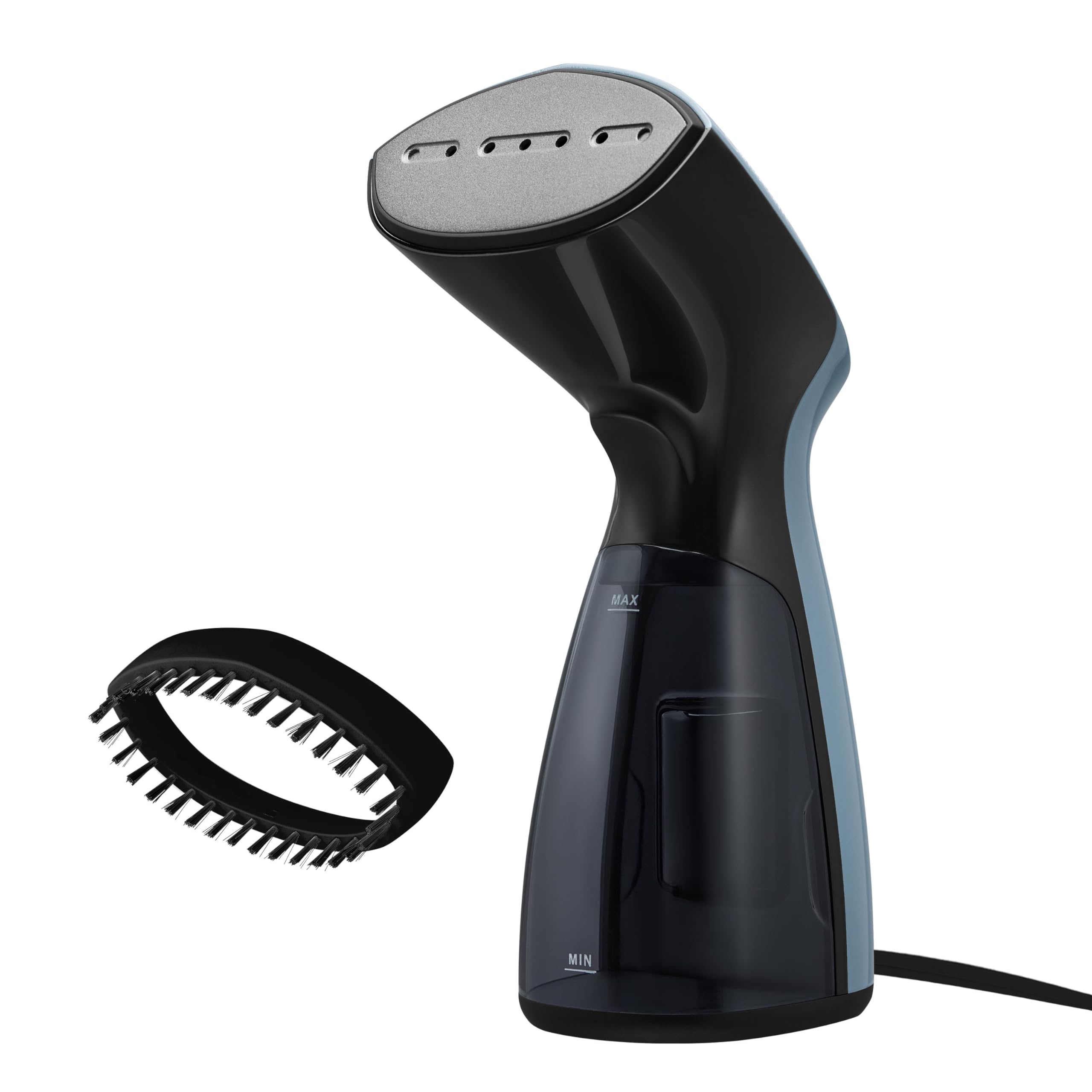 استیمر سفری کوچک Sunbeam 1000W برای لباس، دستی، قابل حمل، سر نان استیک، 30 ثانیه زمان گرم شدن، 8 دقیقه بخار پیوسته، مخزن آب 110 میلی لیتر، برس مو، کیسه ذخیره سازی، آبی / سیاه