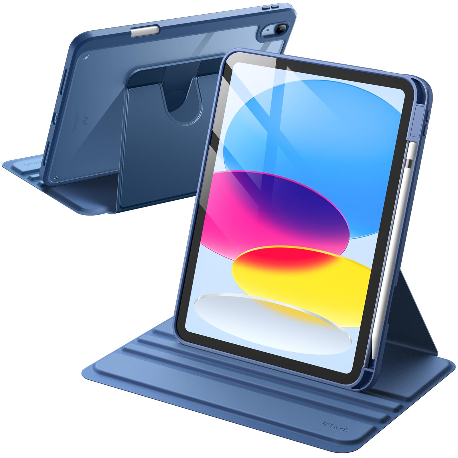 محافظ دوار JETech برای iPad (A16) نسل ۱۱/۱۰ (۲۰۲۵/۲۰۲۲) با نگهدارنده خودکار، پوشش استوانه‌ای ۳۶۰ درجه، پشت شفاف، برگشت به حالت خواب/بیداری خودکار (نیروی دریایی)